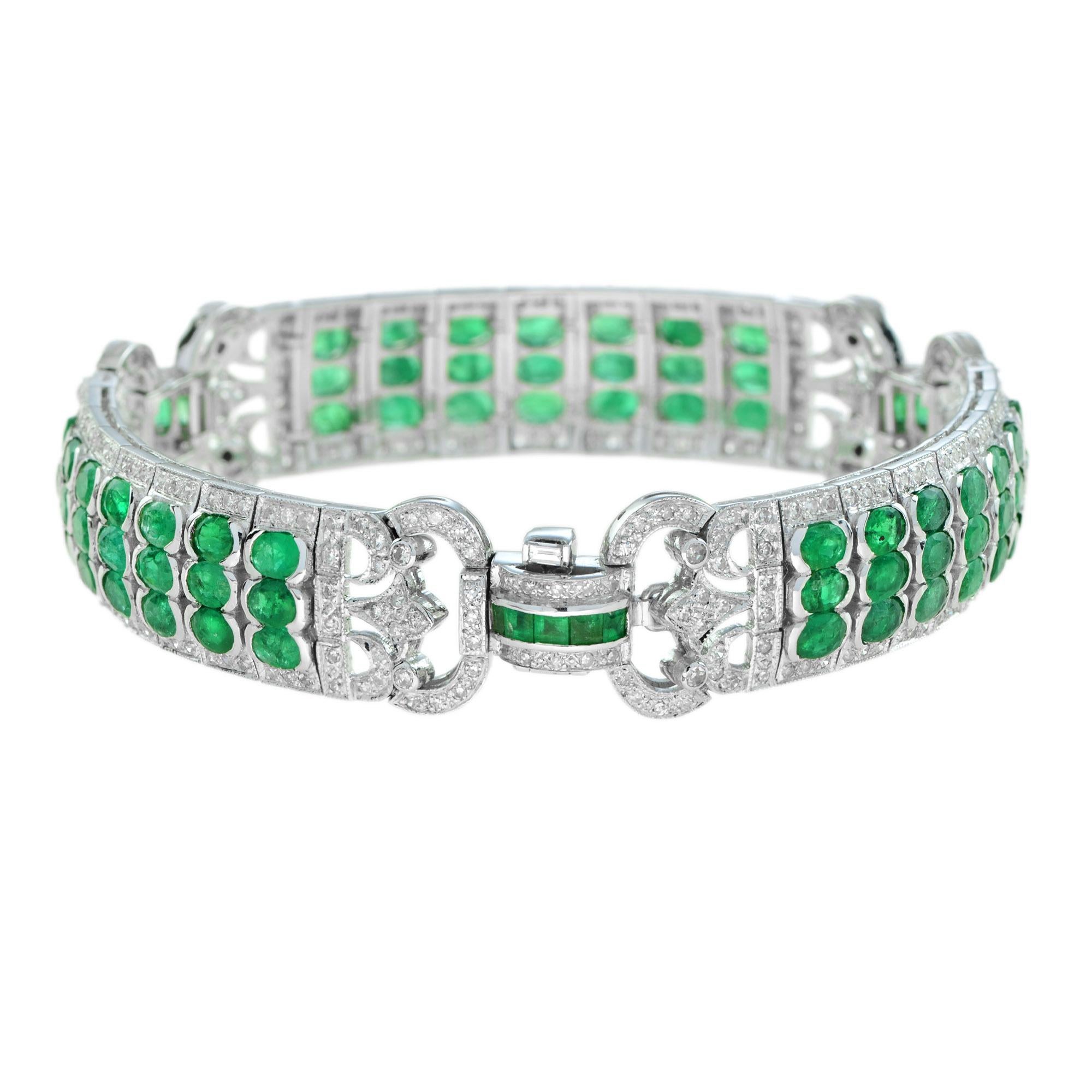 Women's Art Deco Style 12.89 Ct. Emerald and Diamond Link Bracelet in 18K White Gold For Sale