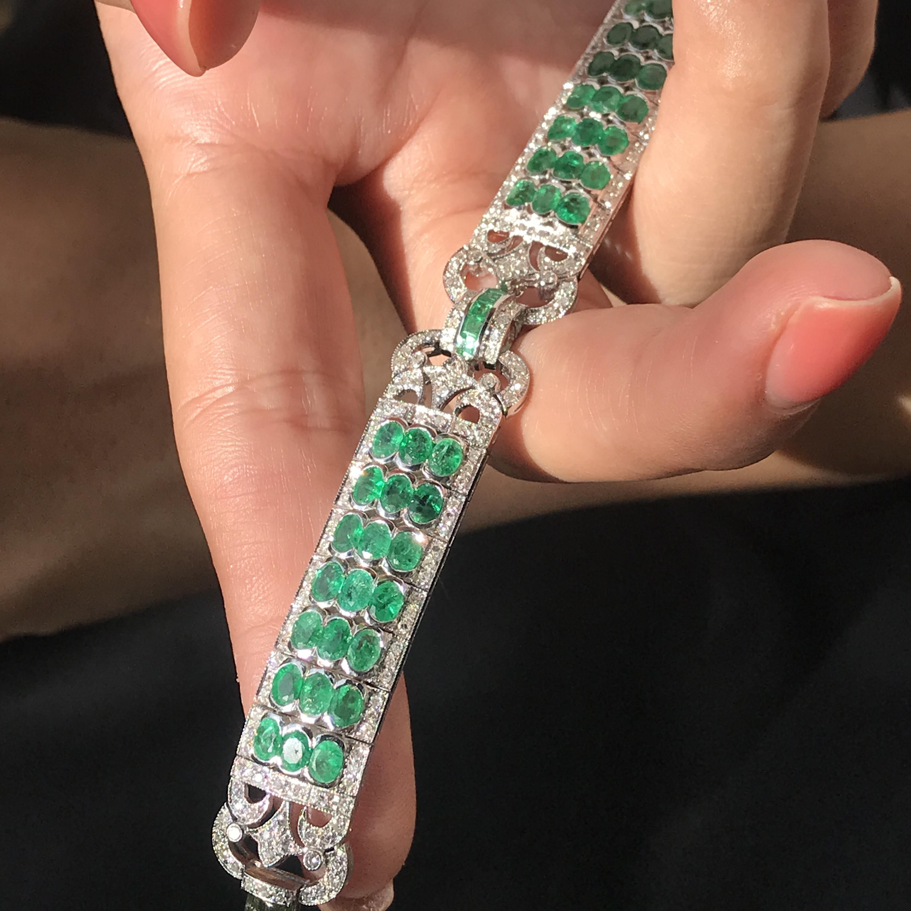 Art Deco Style 12.89 Ct. Emerald and Diamond Link Bracelet in 18K White Gold 1