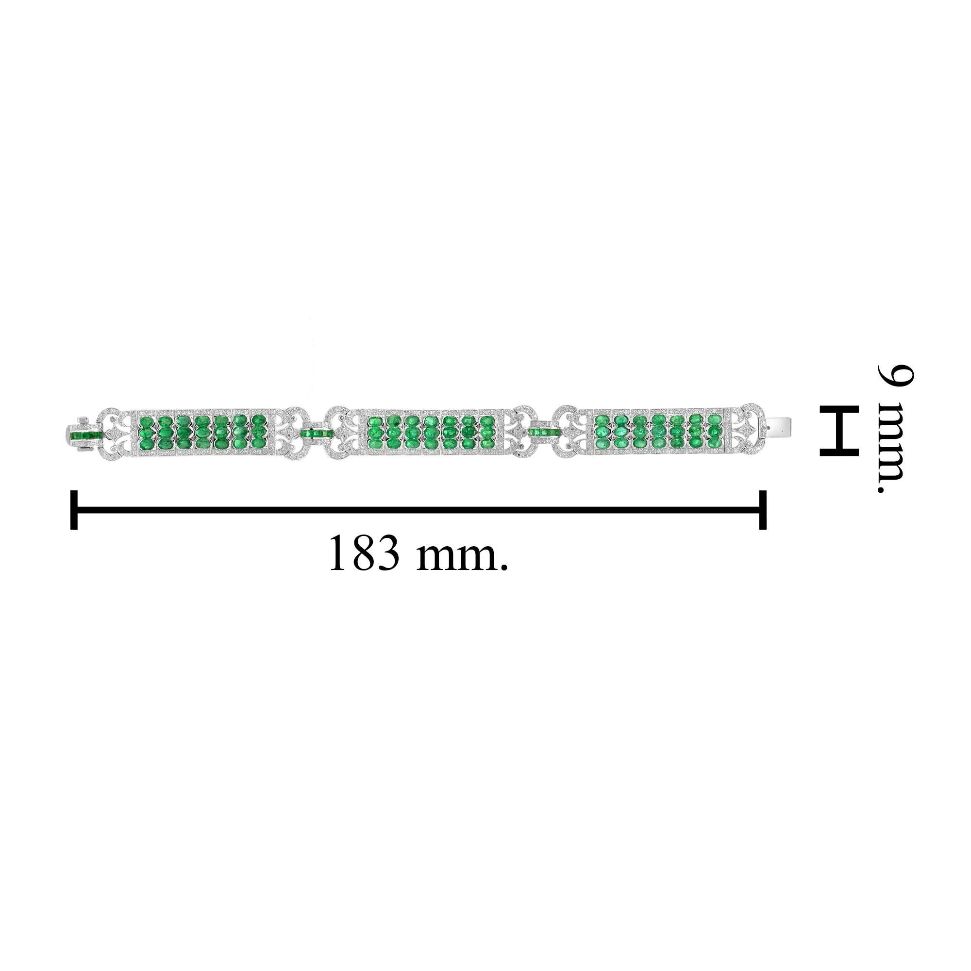 Art Deco Style 12.89 Ct. Emerald and Diamond Link Bracelet in 18K White Gold For Sale 2