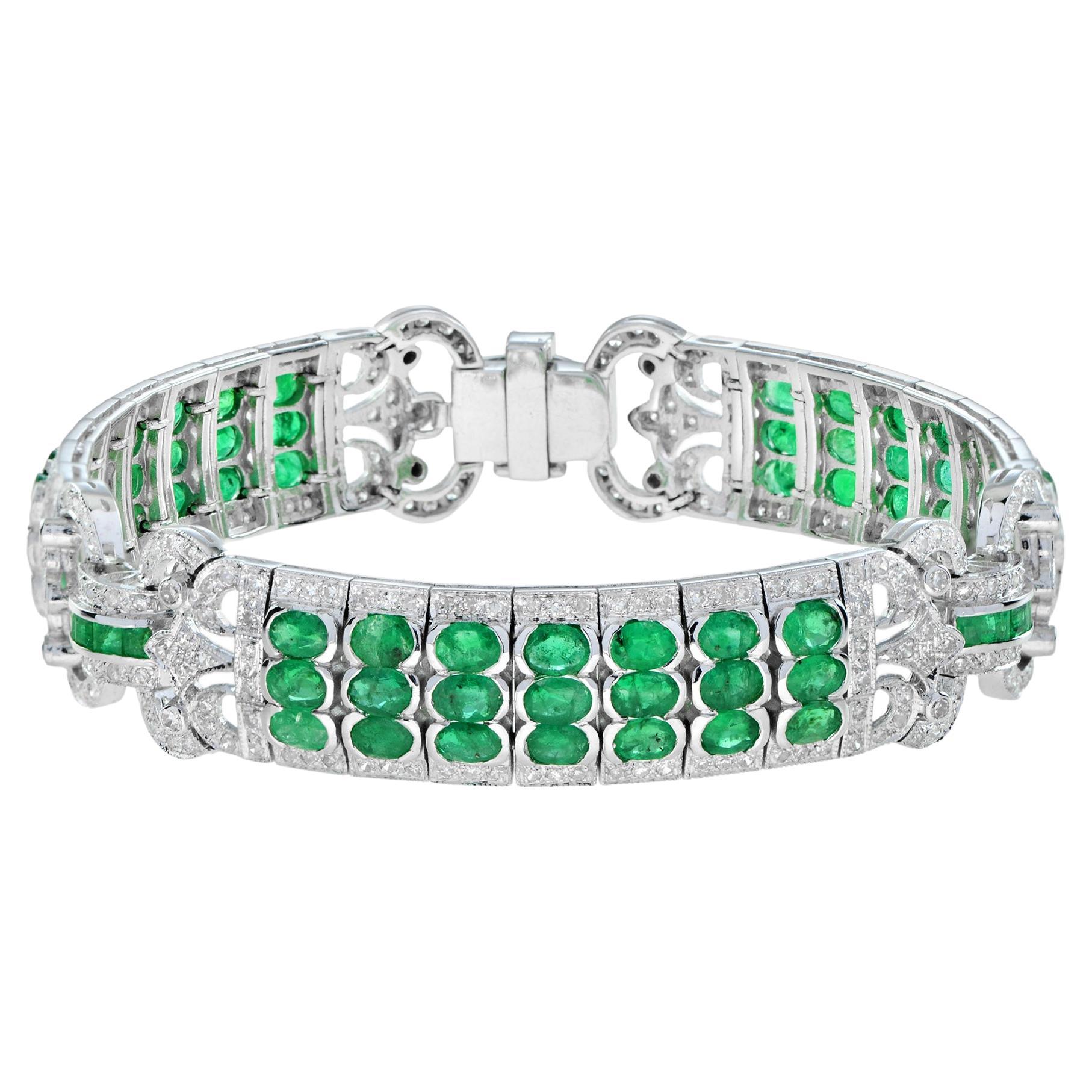 Art Deco Style 12.89 Ct. Emerald and Diamond Link Bracelet in 18K White Gold For Sale