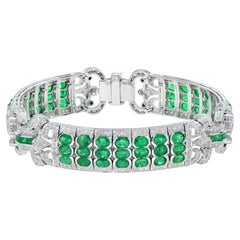 Art Deco Style 12.89 Ct. Emerald and Diamond Link Bracelet in 18K White Gold