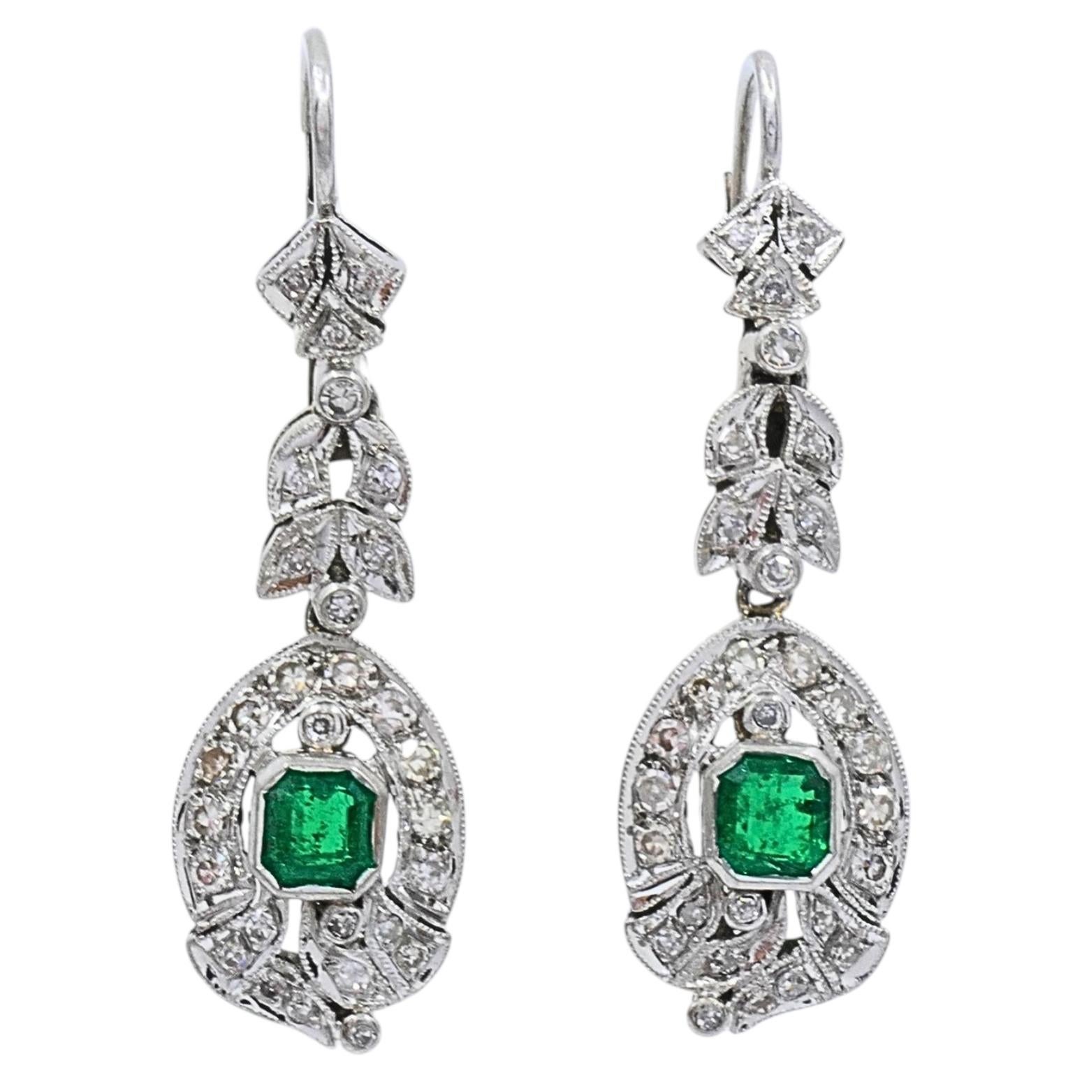 Art Deco-Style 12k White Gold Emerald Diamond Drop Earrings