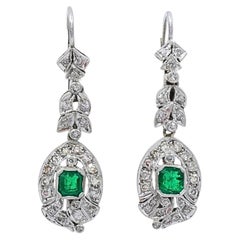 Art Deco-Style 12k White Gold Emerald Diamond Drop Earrings