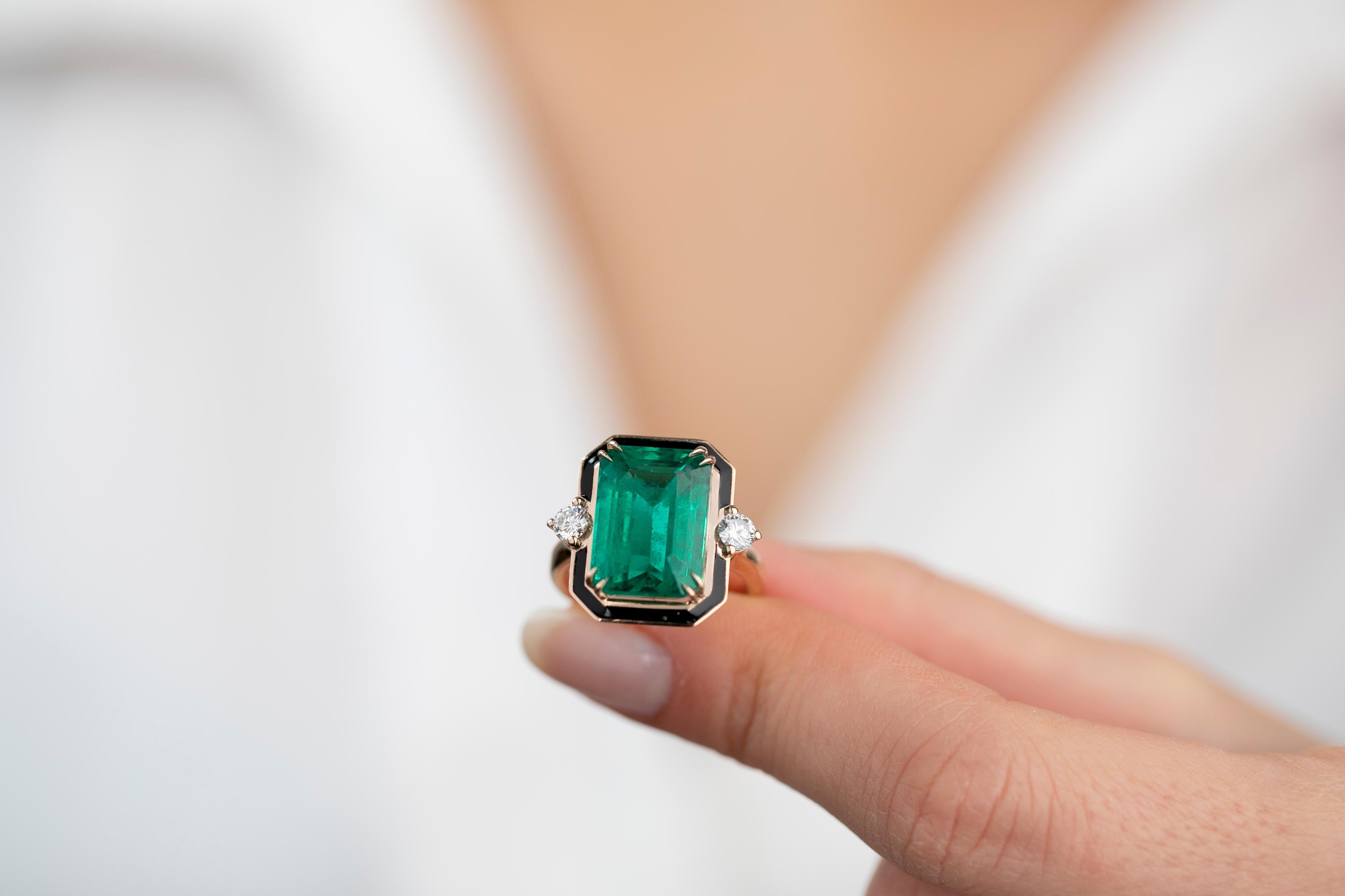 For Sale:  Art Deco Style 13 Ct. Synthetic Emerald and Diamond 14K Gold Cocktail Ring 2