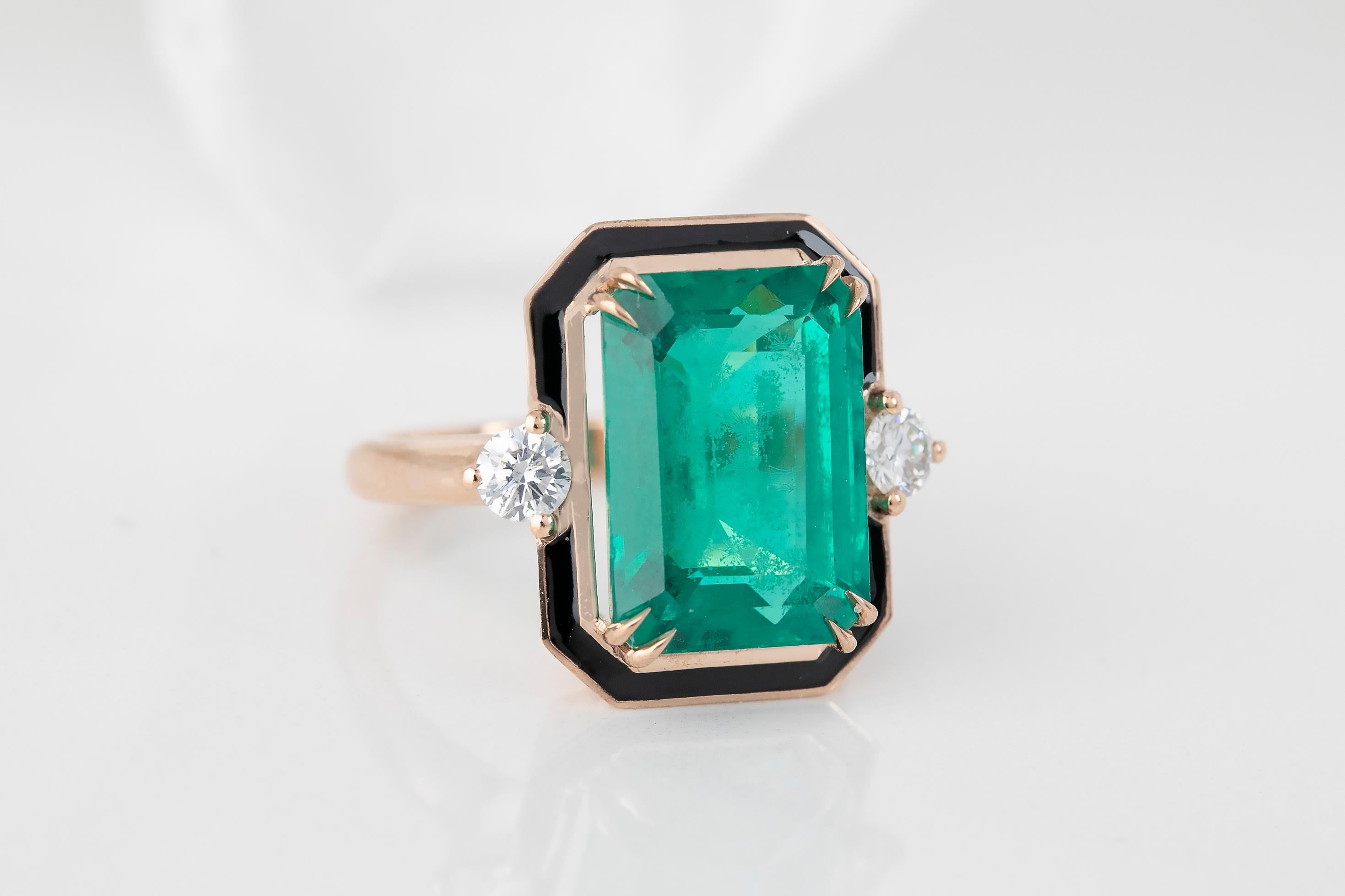 For Sale:  Art Deco Style 13 Ct. Synthetic Emerald and Diamond 14K Gold Cocktail Ring 6