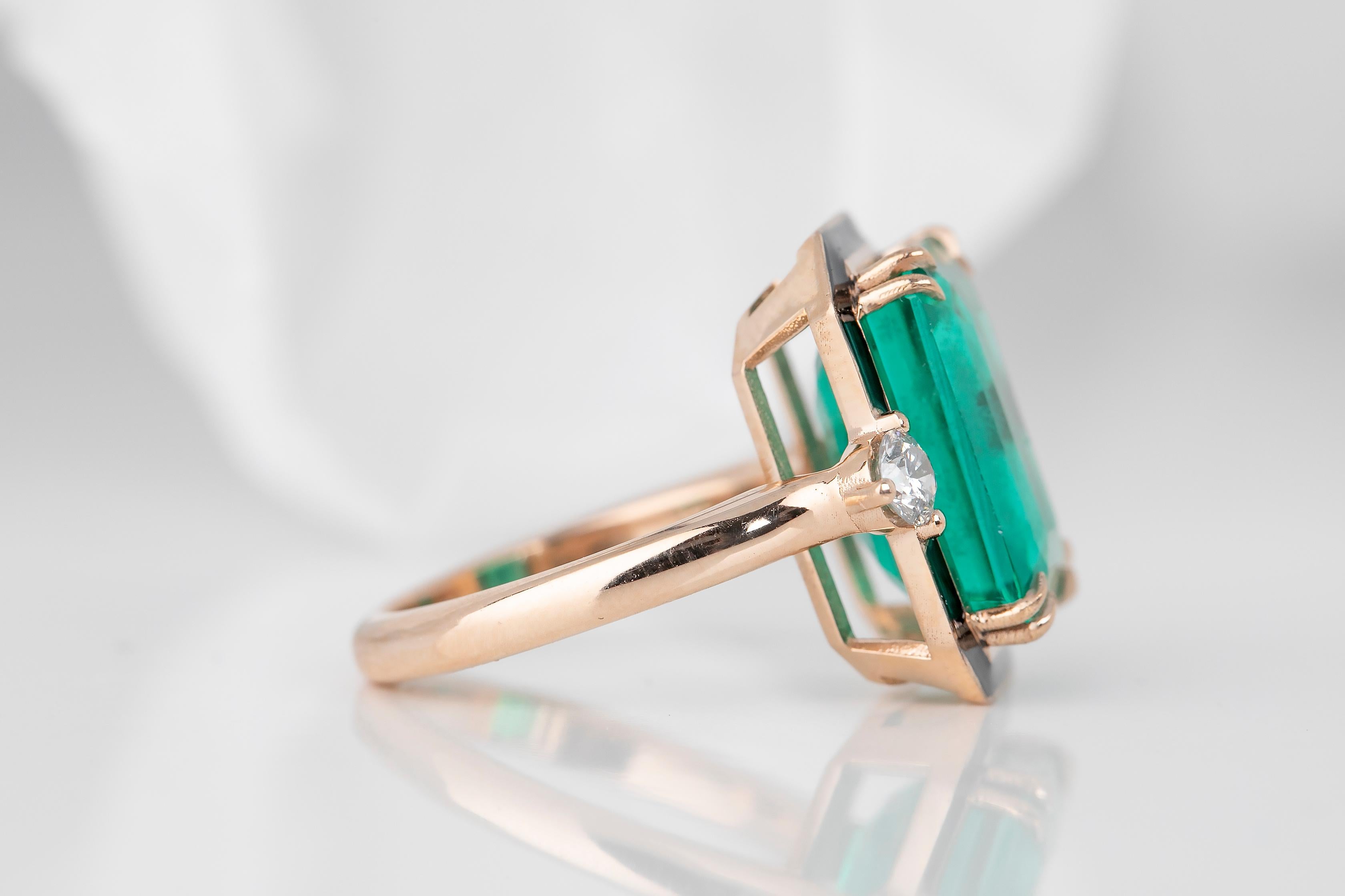 For Sale:  Art Deco Style 13 Ct. Synthetic Emerald and Diamond 14K Gold Cocktail Ring 7