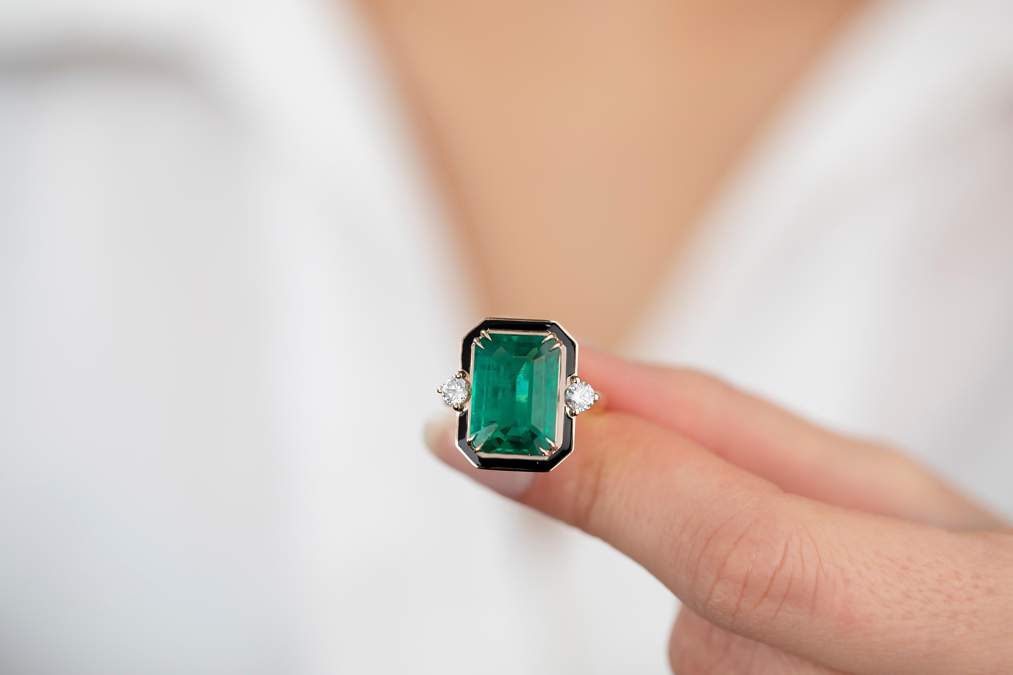 For Sale:  Art Deco Style 13 Ct. Synthetic Emerald and Diamond 14K Gold Cocktail Ring 8
