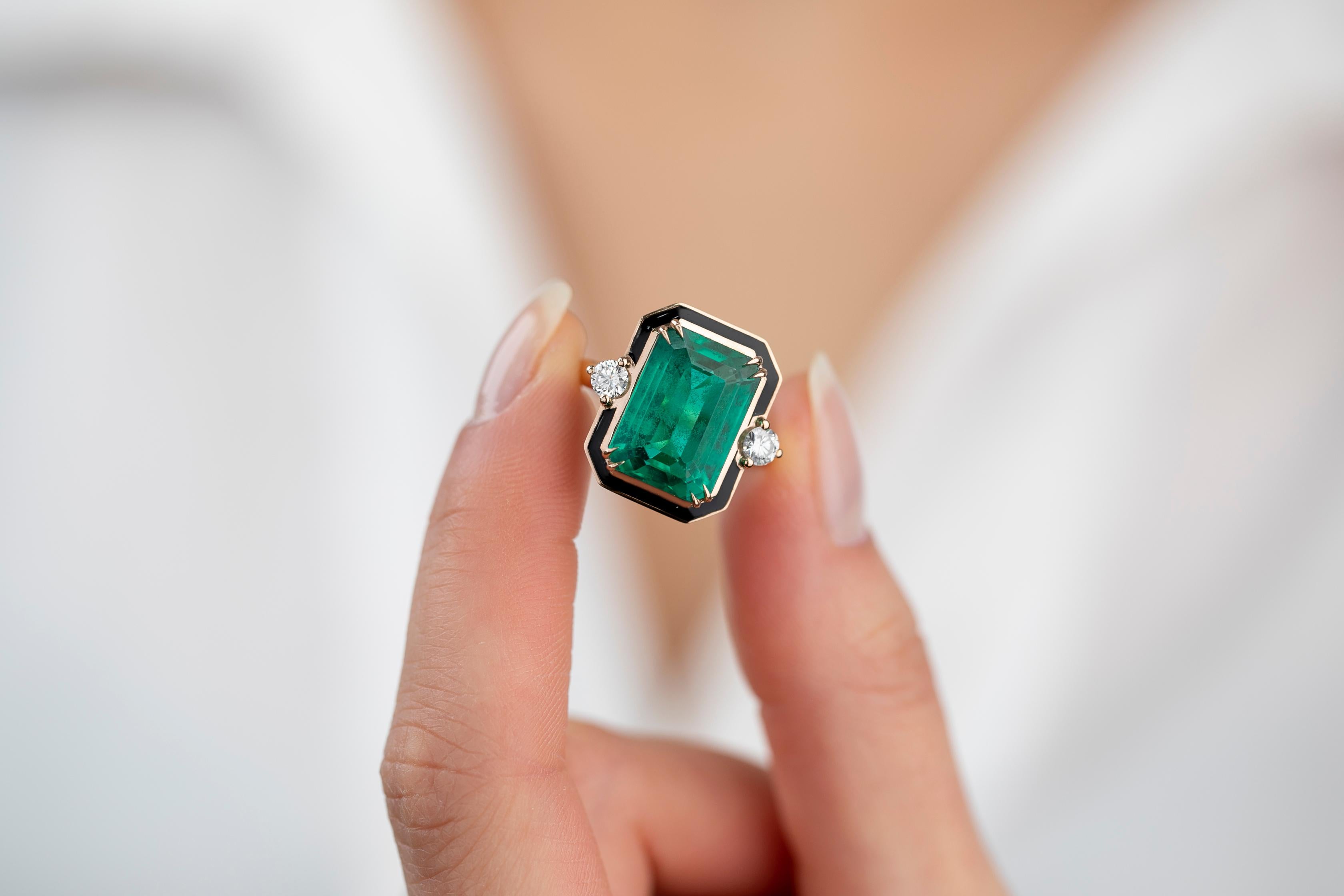 For Sale:  Art Deco Style 13 Ct. Synthetic Emerald and Diamond 14K Gold Cocktail Ring 9