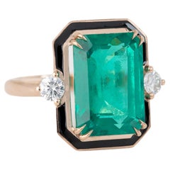 Art Deco Style 13 Ct. Synthetic Emerald and Diamond 14K Gold Cocktail Ring