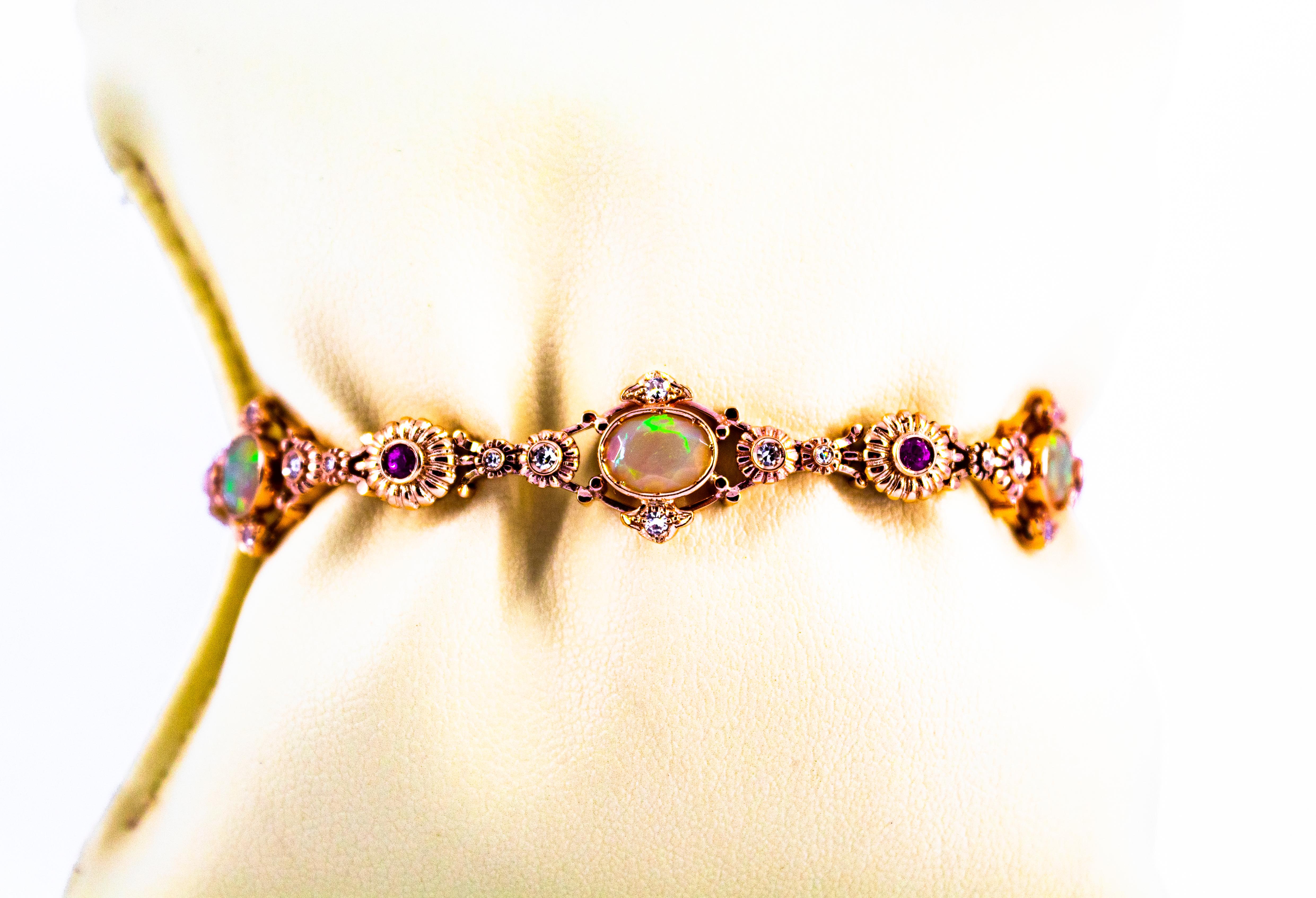 Art Deco Style 1.30 Carat Diamond Ruby 3.50 Carat Opal Yellow Gold Bracelet For Sale 5