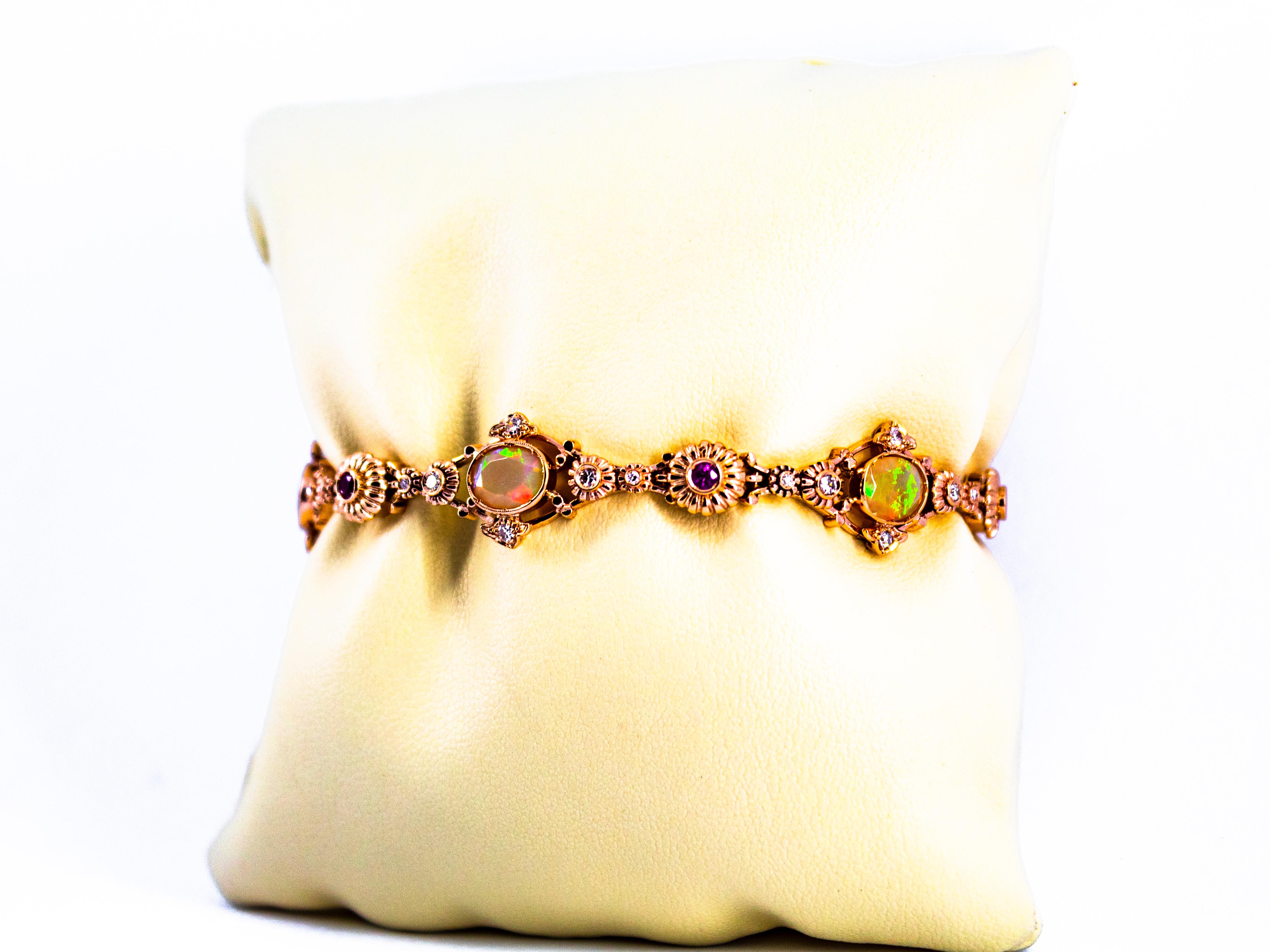 Art Deco Style 1.30 Carat Diamond Ruby 3.50 Carat Opal Yellow Gold Bracelet For Sale 6
