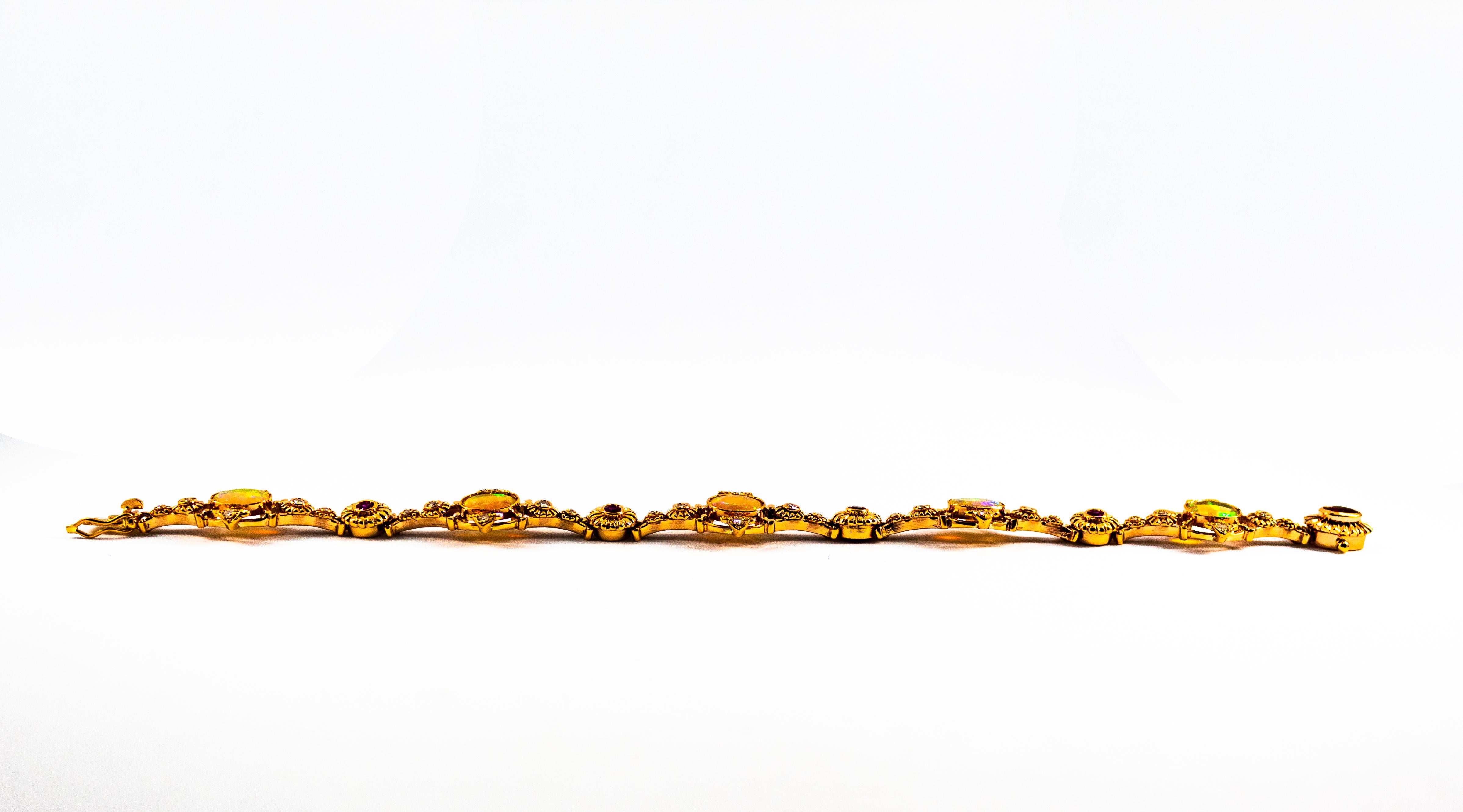 Round Cut Art Deco Style 1.30 Carat Diamond Ruby 3.50 Carat Opal Yellow Gold Bracelet For Sale