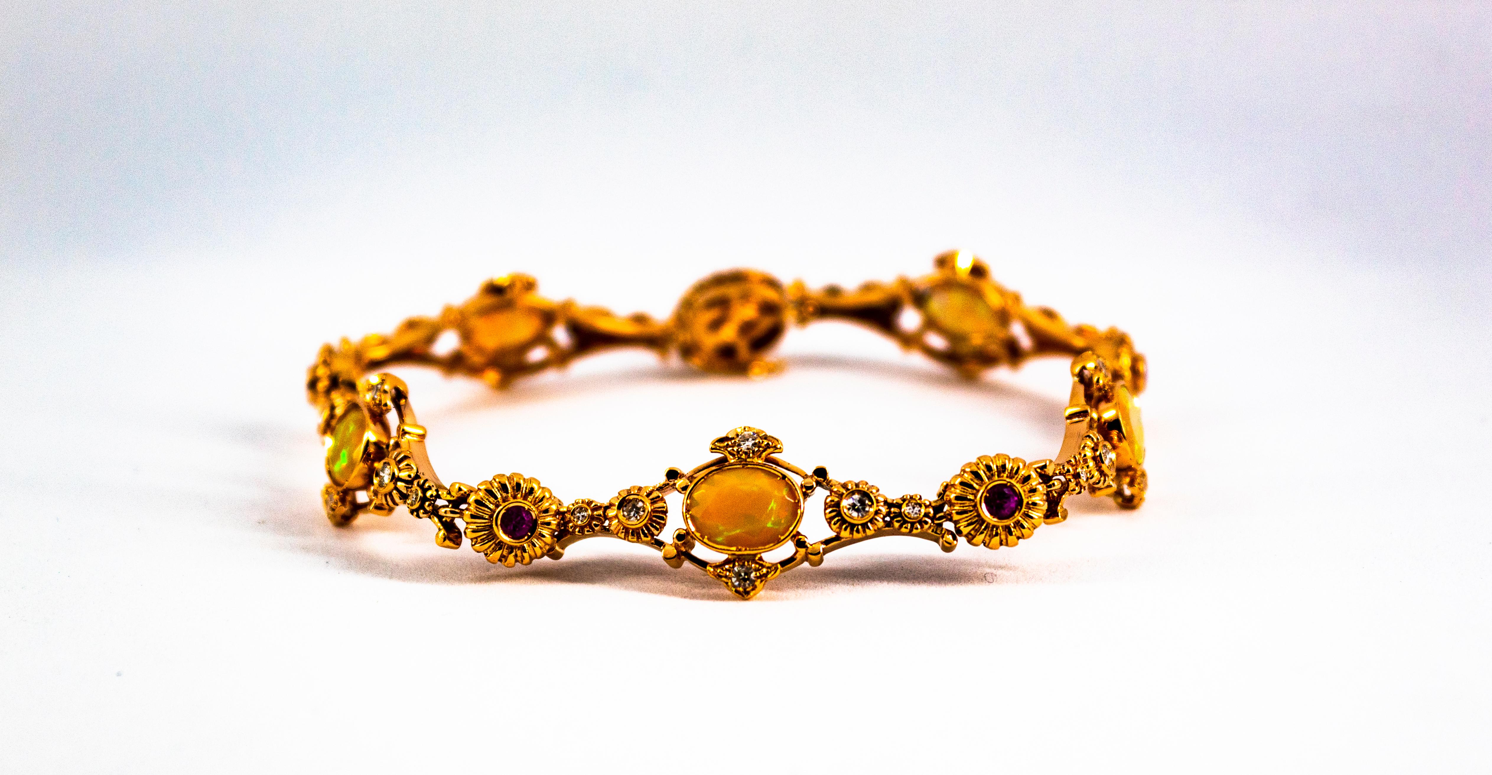 Women's or Men's Art Deco Style 1.30 Carat Diamond Ruby 3.50 Carat Opal Yellow Gold Bracelet For Sale