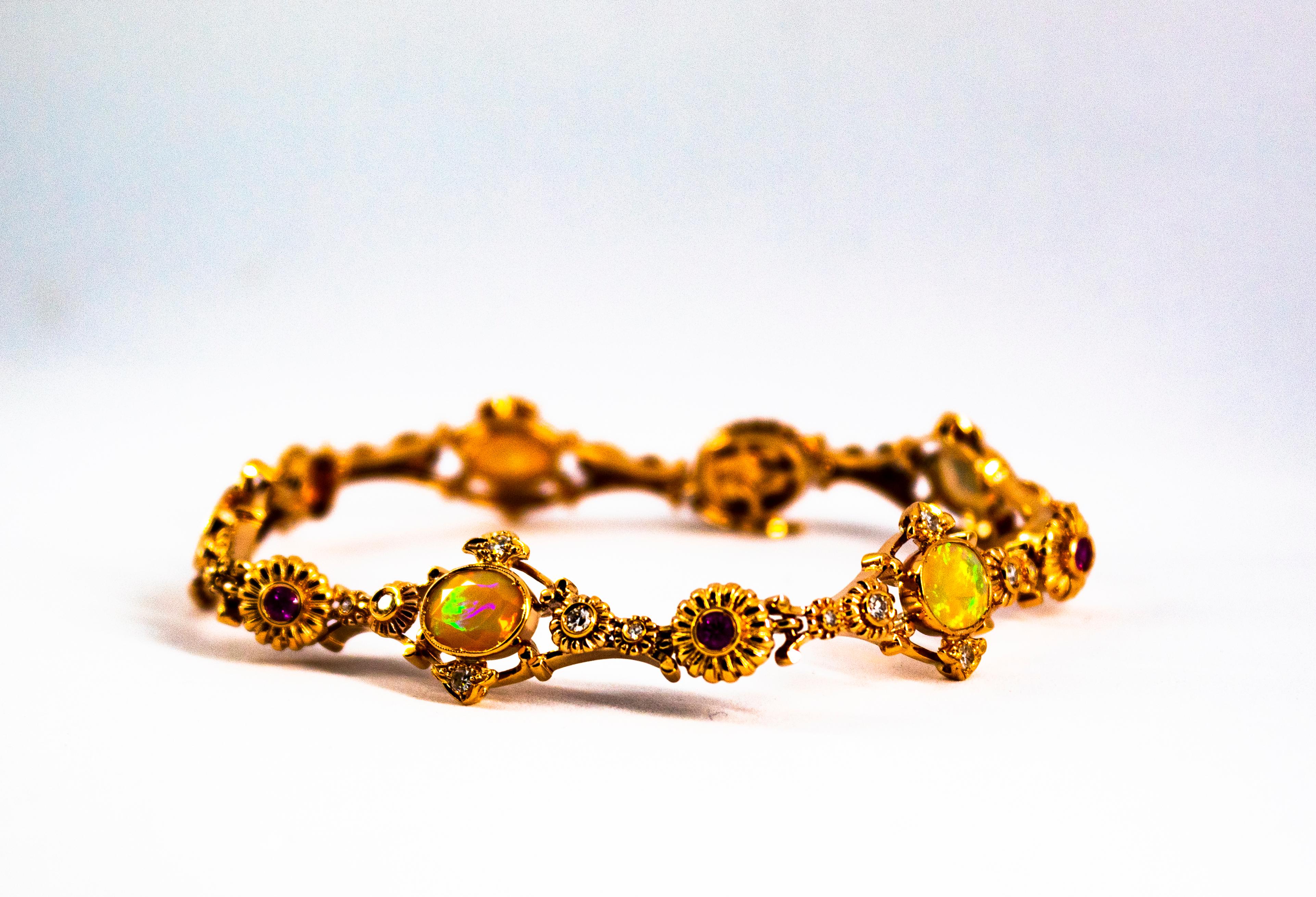 Gelbgoldarmband im Art-déco-Stil mit 1,30 Karat Diamant und Rubin, 3,50 Karat Opal für Damen oder Herren im Angebot