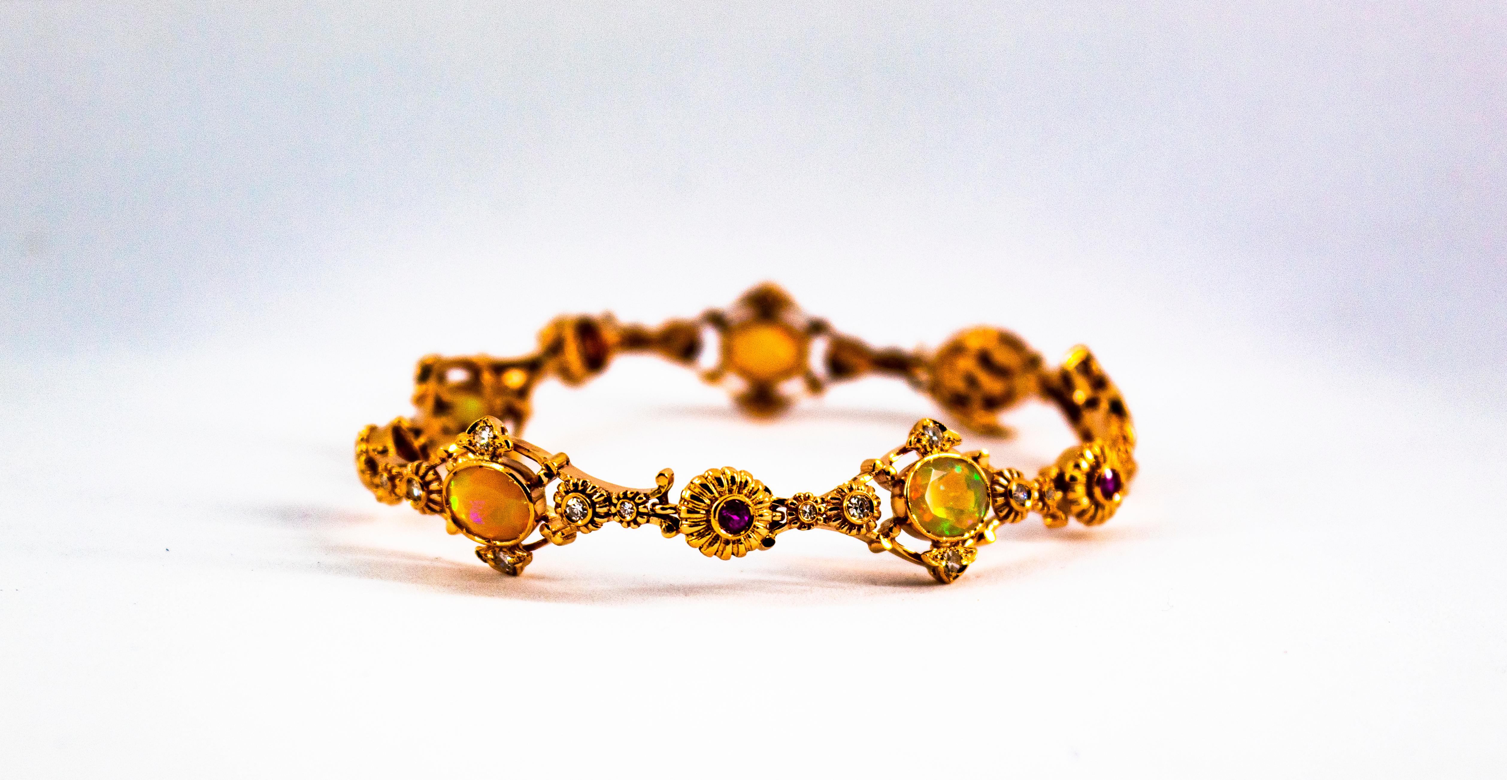 Art Deco Style 1.30 Carat Diamond Ruby 3.50 Carat Opal Yellow Gold Bracelet For Sale 3
