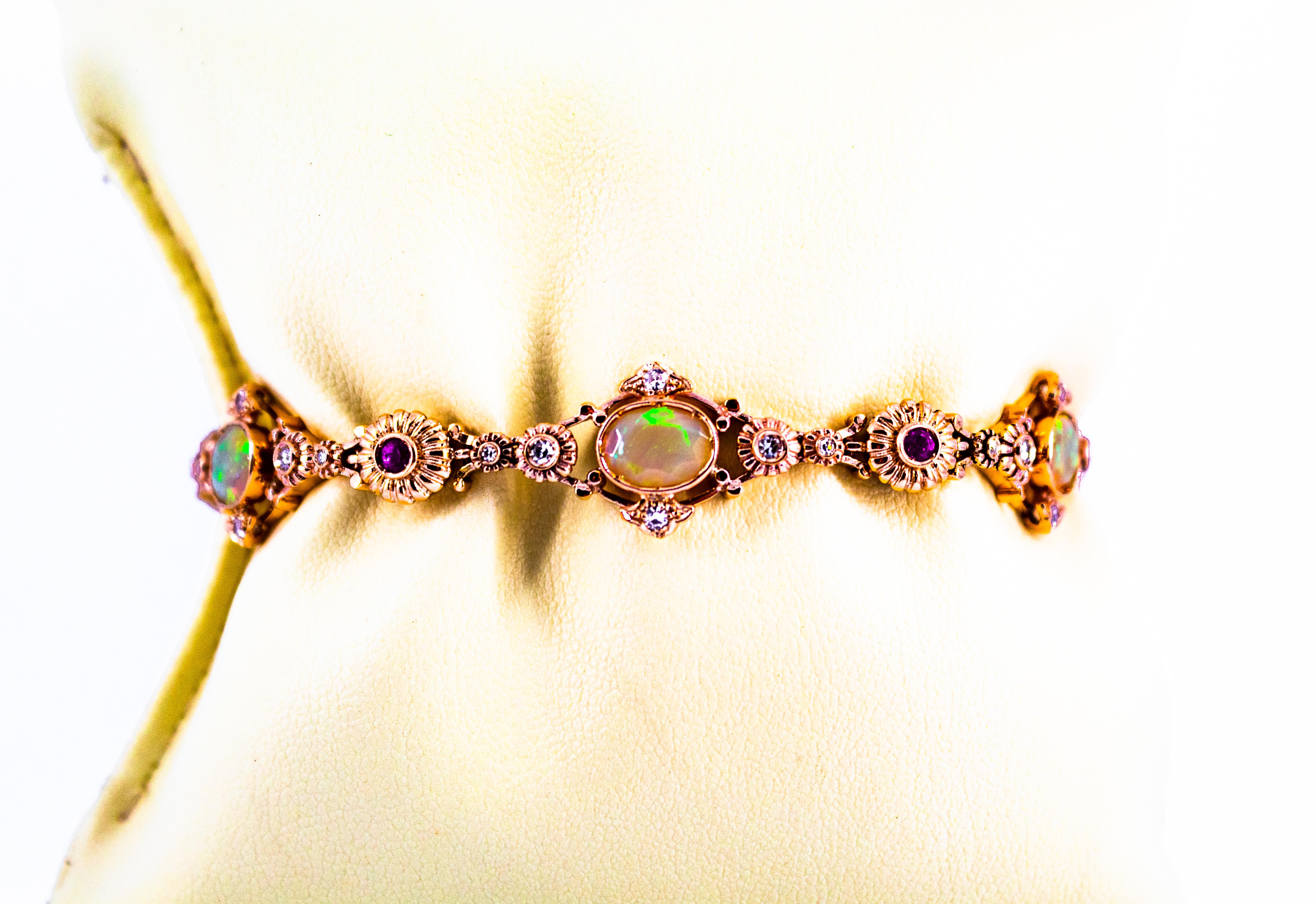 Art Deco Style 1.30 Carat Diamond Ruby 3.50 Carat Opal Yellow Gold Bracelet For Sale 4