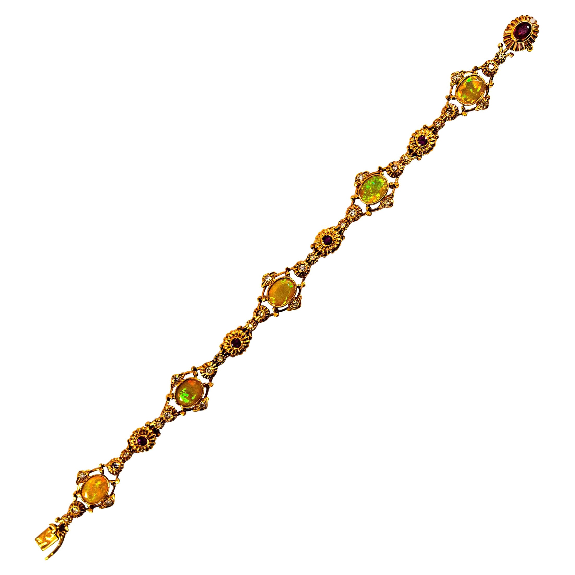 Bracciale in oro giallo stile Art Déco con diamante da 1,30 carati e rubino da 3,50 carati e opale