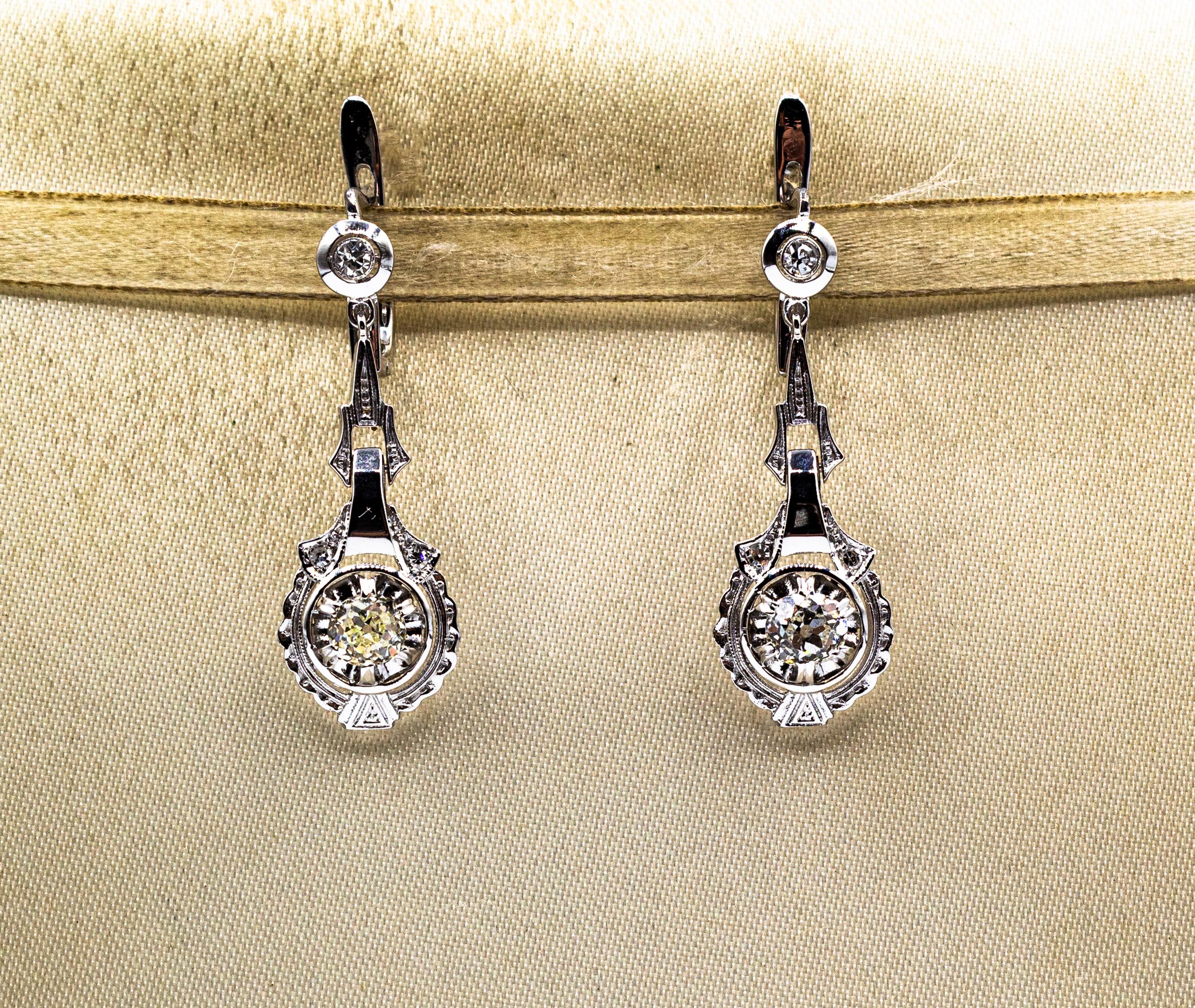 These Earrings are made of 18K White Gold.
These Earrings have 1.15 Carats of White European Old Cut Diamonds.
These Earrings have 0.15 Carats of White Brilliant Cut Diamonds.

All our Earrings have pins for pierced ears but we can change the