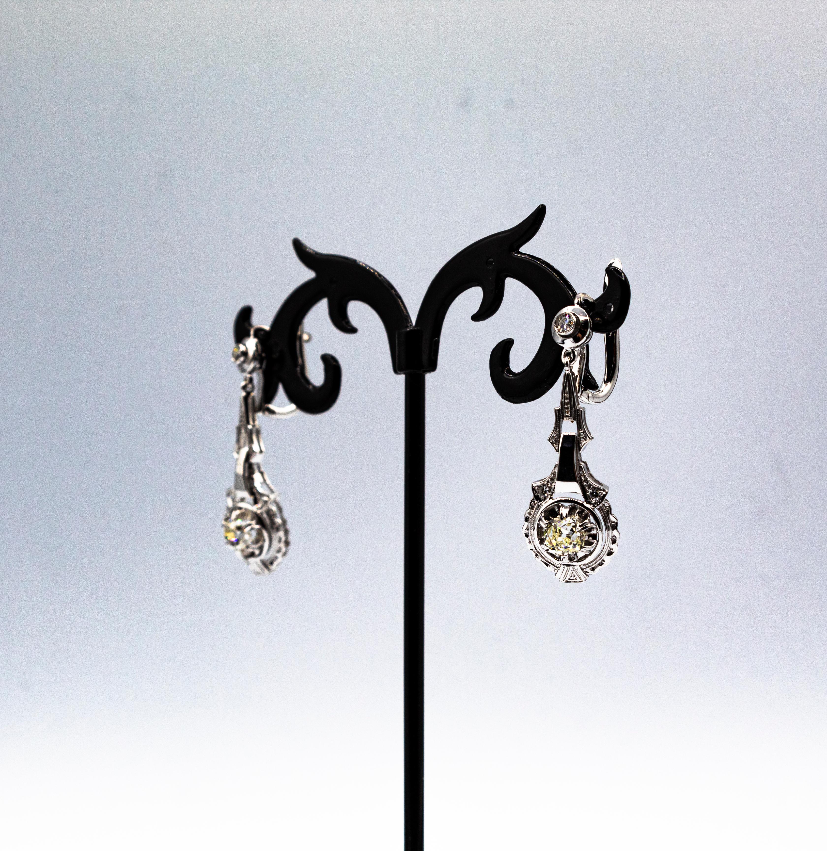 Art Deco Style 1.30 Carat White Diamond White Gold Drop Lever-Back Earrings For Sale 1