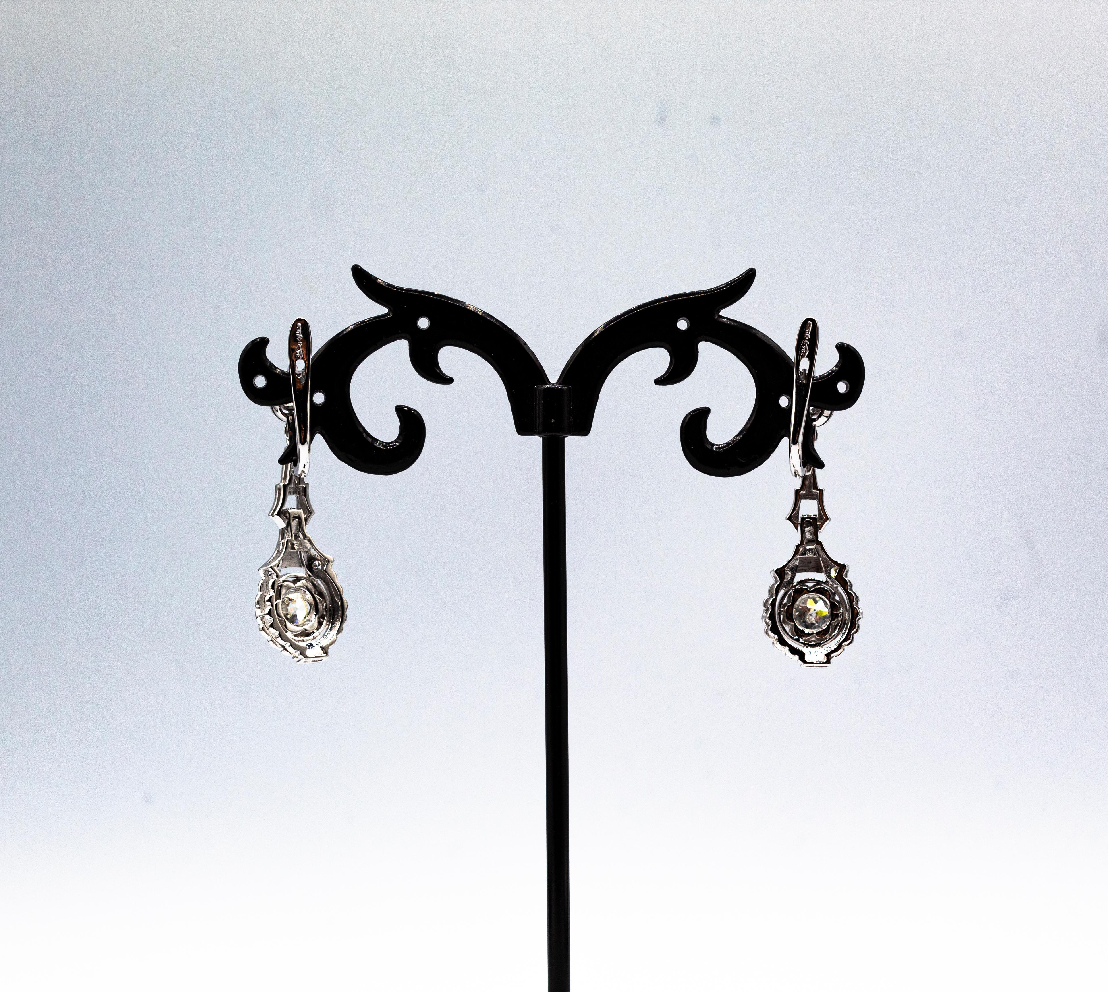 Art Deco Style 1.30 Carat White Diamond White Gold Drop Lever-Back Earrings For Sale 2