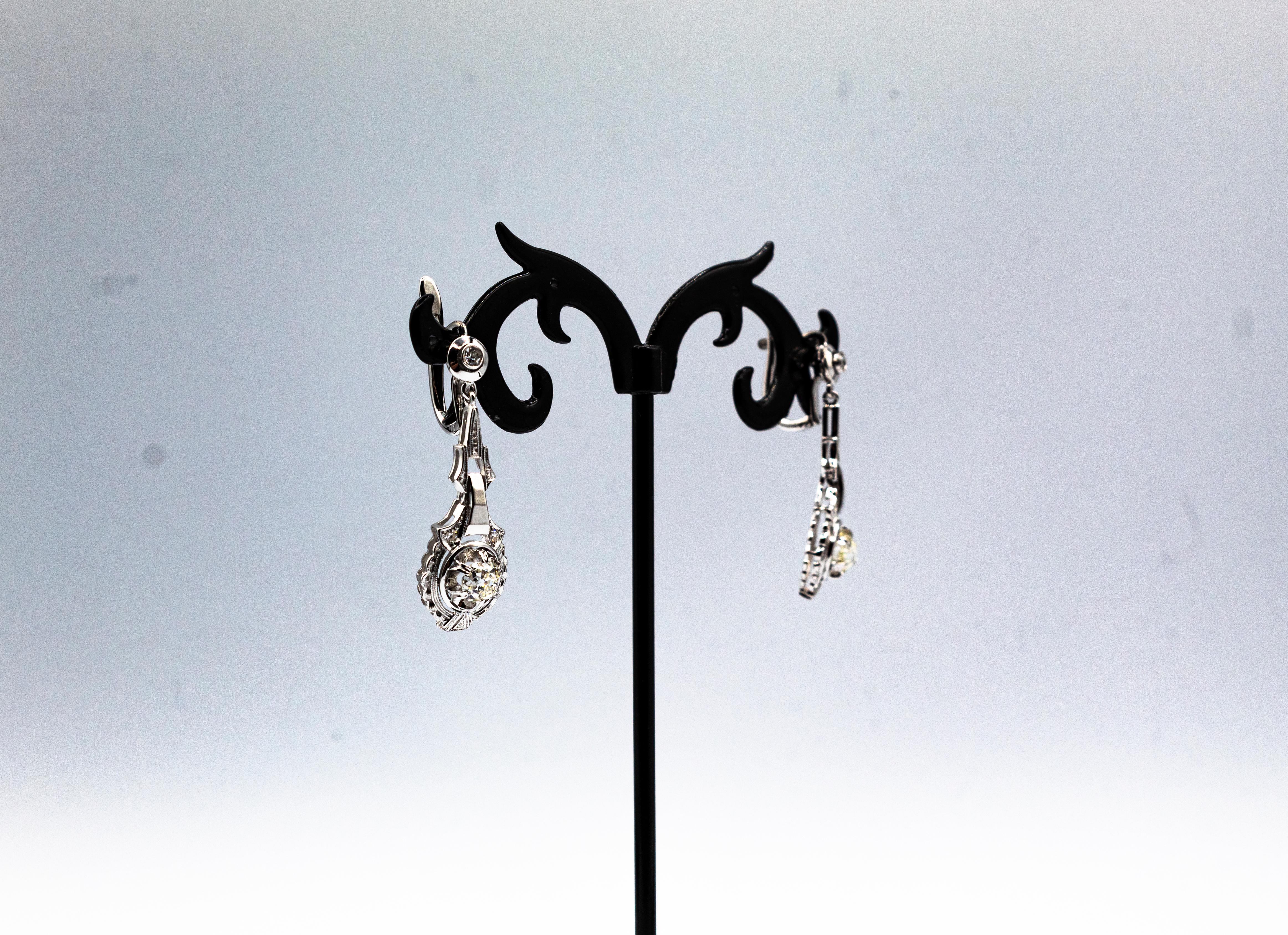 Art Deco Style 1.30 Carat White Diamond White Gold Drop Lever-Back Earrings For Sale 3