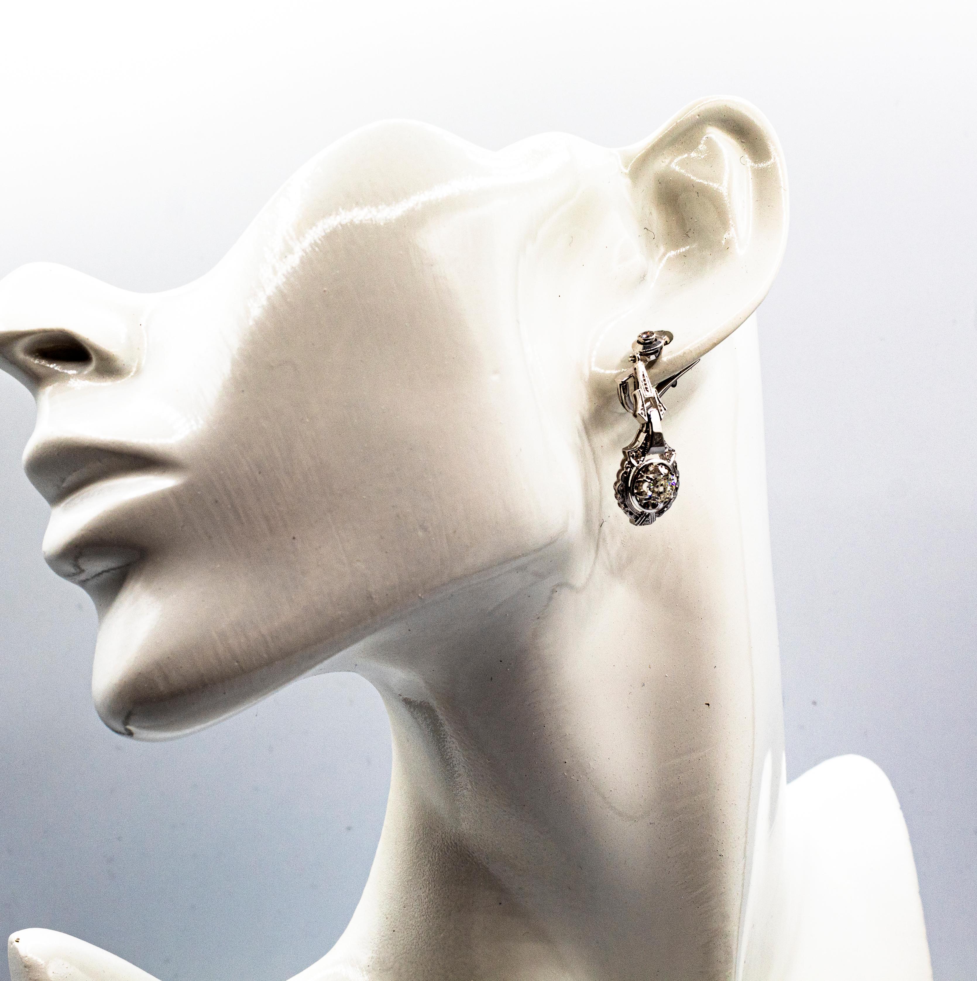 Art Deco Style 1.30 Carat White Diamond White Gold Drop Lever-Back Earrings For Sale 4
