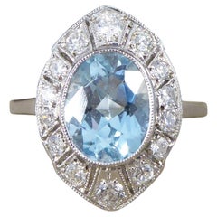 Art Deco Style 1.30ct Aquamarine & Diamond Marquise Shaped Cluster Ring in Plat