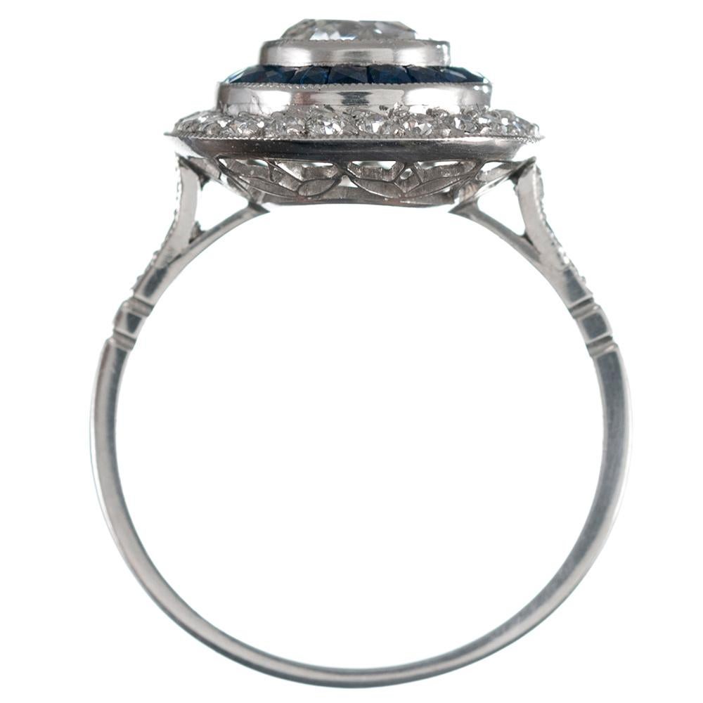 Women's Art Deco Style 1.31 Carat Old European Cut Centre Diamond and Sapphire Ring