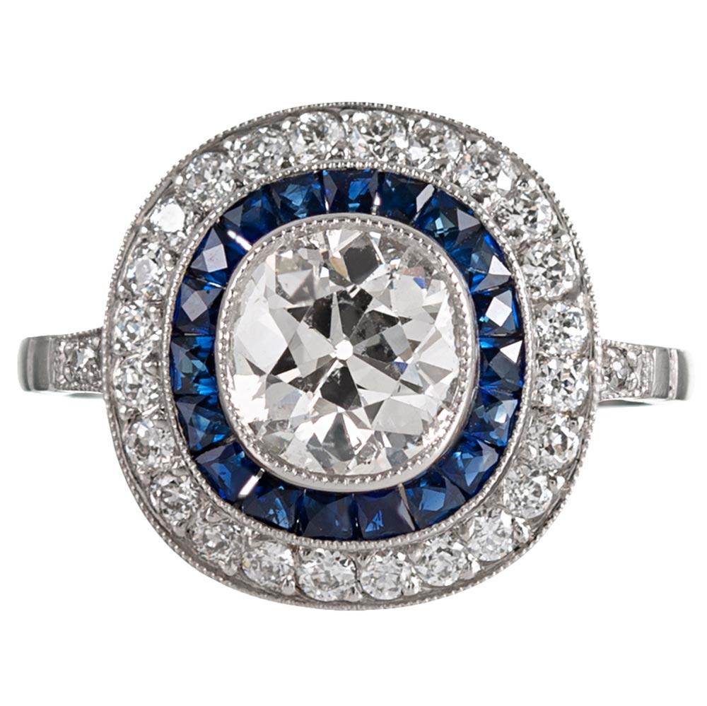 Art Deco Style 1.31 Carat Old European Cut Centre Diamond and Sapphire Ring