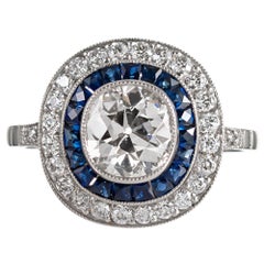 Art Deco Style 1.31 Carat Old European Cut Centre Diamond and Sapphire Ring Art Deco Style 1.31 Carat Old European Cut Centre Diamond and Sapphire Ring