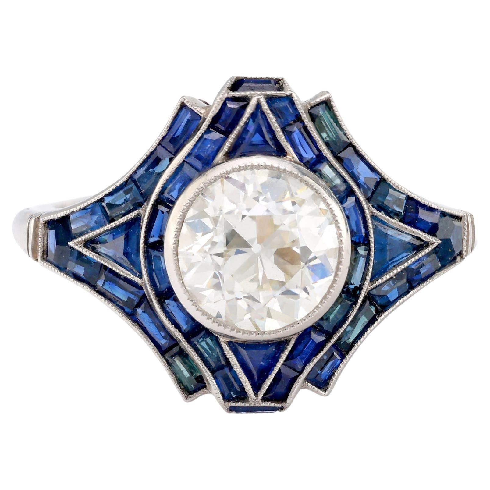 Art Deco style 1.31 carat old European cut diamond sapphire platinum ring