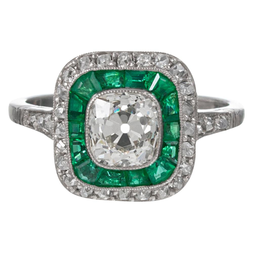 Art Deco Style 1.31 Carat Old Mine Cut Diamond and Emerald Ring