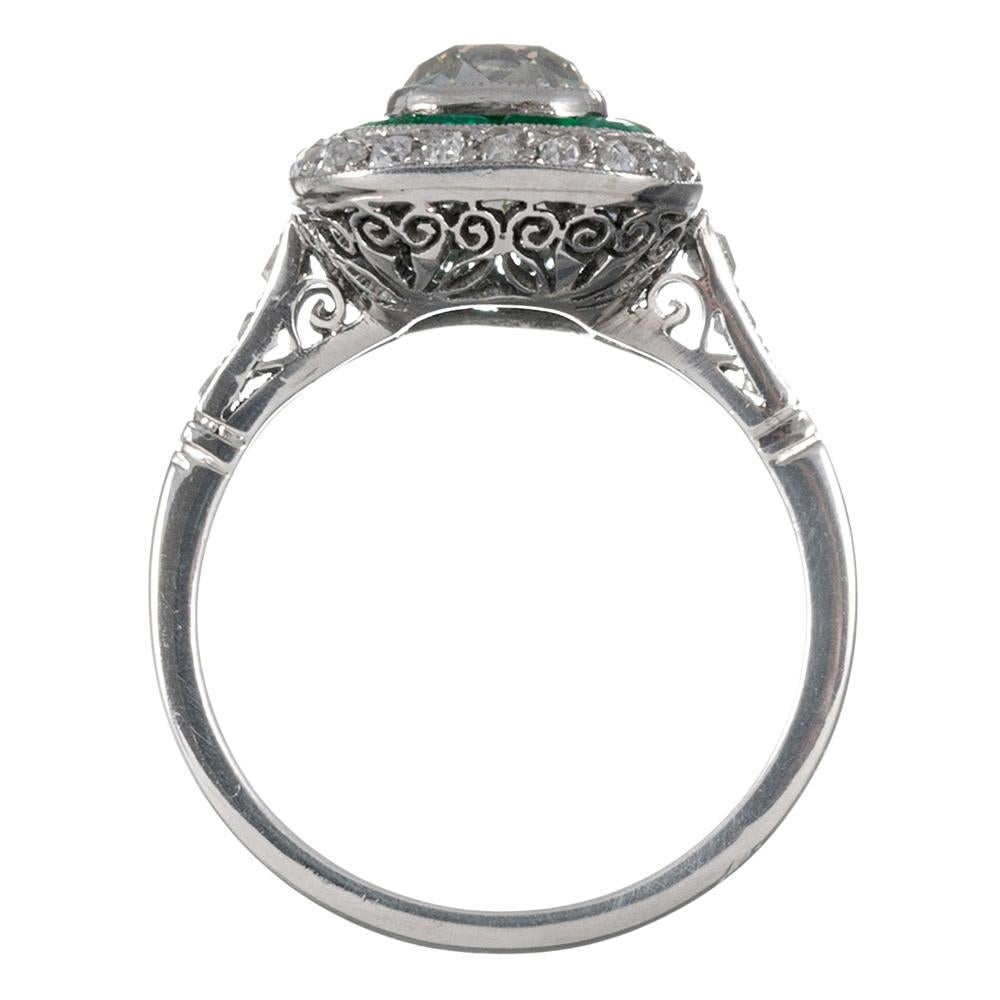 Women's Art Deco Style 1.31 Carat Old Mine Cut Diamond and Emerald Ring