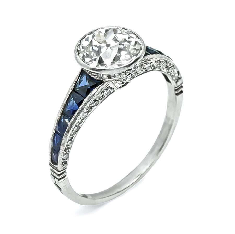 Old Mine Cut Art Deco Style 1.34ct Diamond Sapphire Engagement Ring For Sale