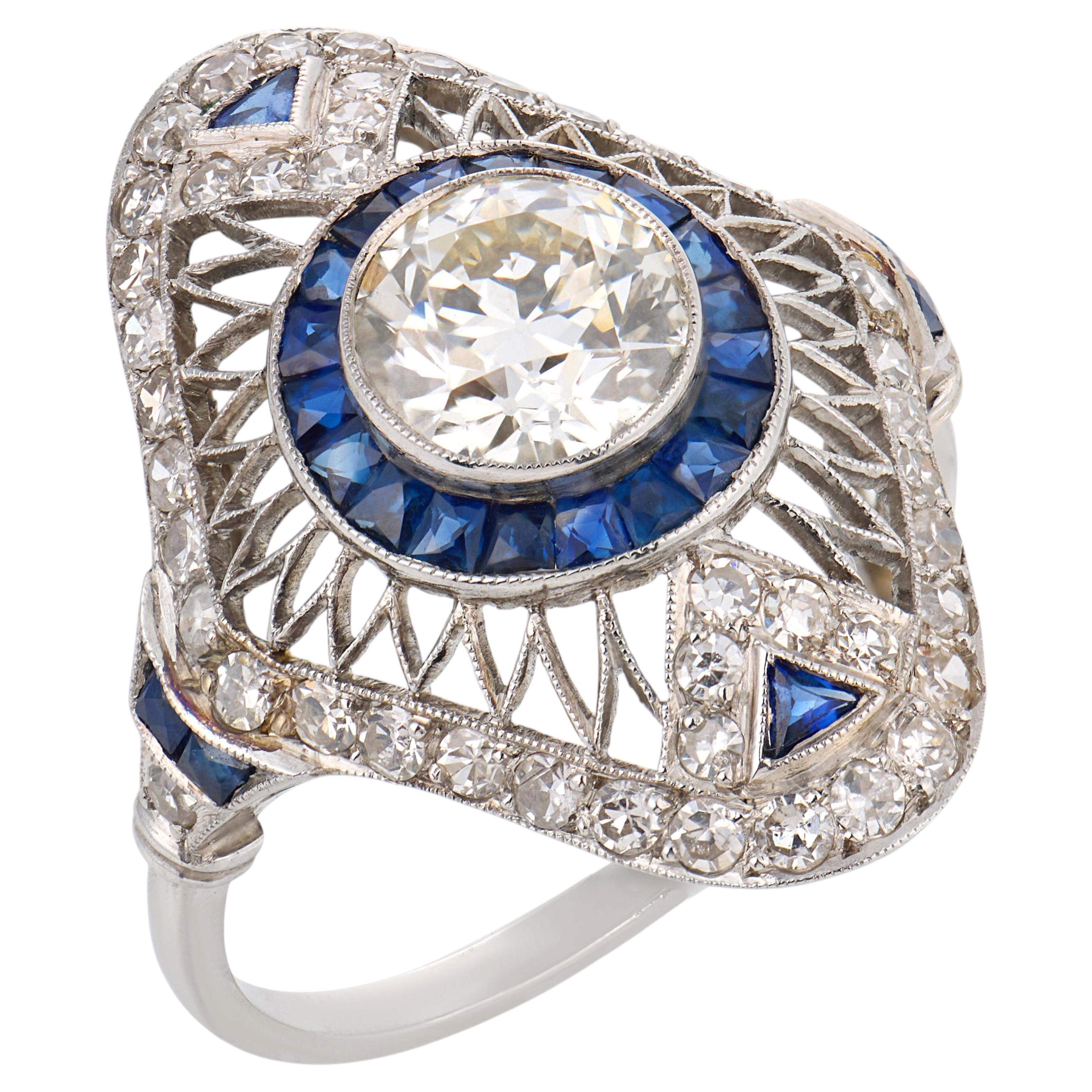 Art Deco style 1.35 carat old European cut diamond sapphire platinum ring