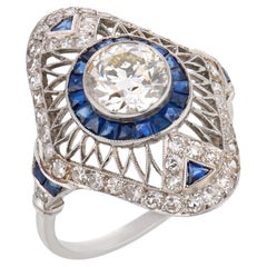 Art Deco style 1.35 carat old European cut diamond sapphire platinum ring