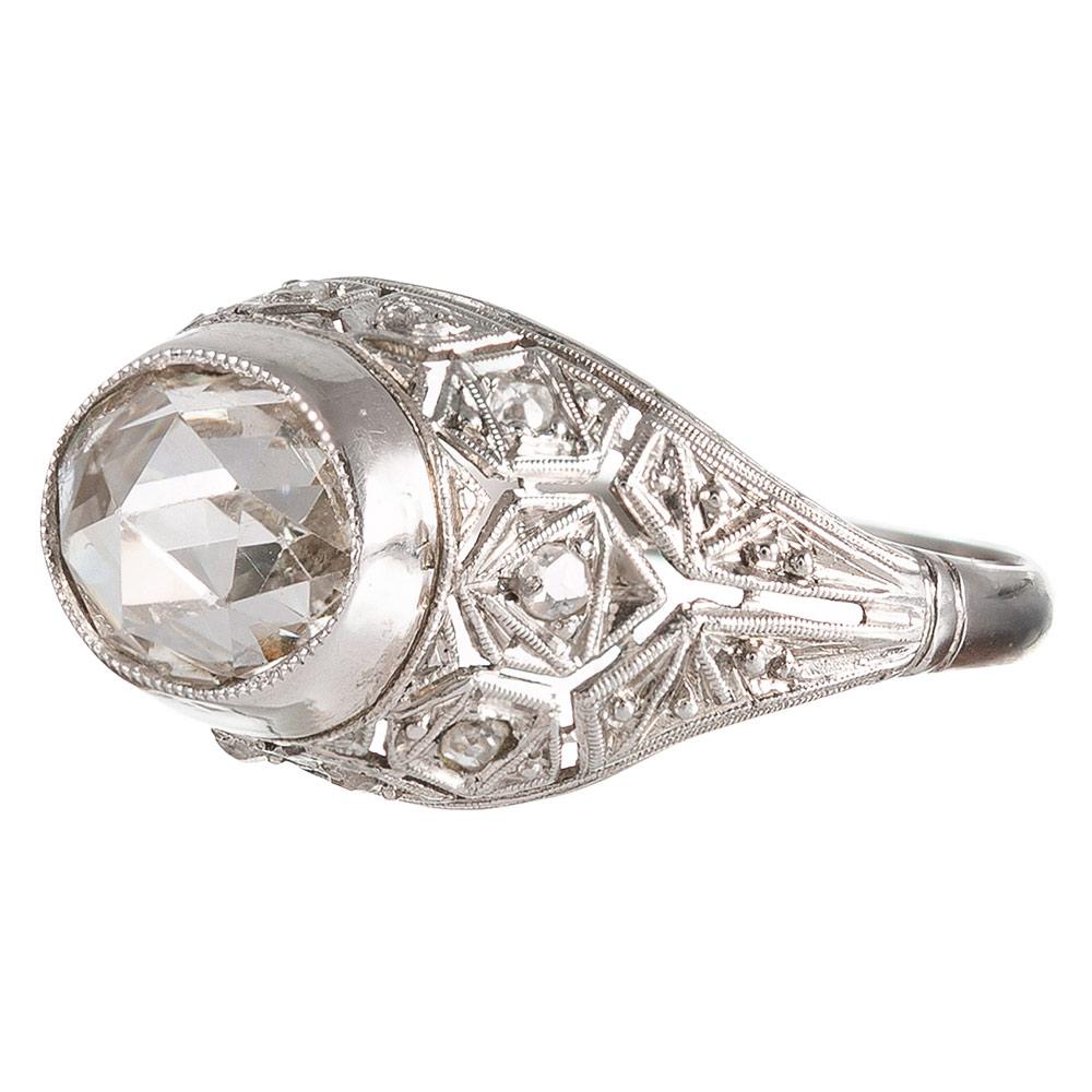 The design of this ring is inspired by the classic creations from the Art Deco period, yet the piece is of newer manufacture, offering the symbiotic balance of superior physical integrity and a classic style that will be beloved for generations.