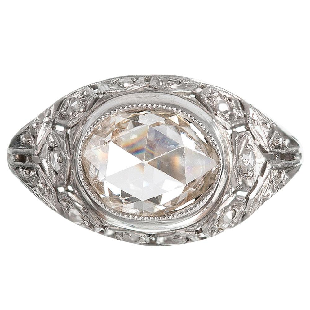 Art Deco Style 1.35 Carat Rose Cut Diamond Filigree Ring