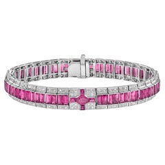 Art Deco Style 13.53 Ct. Ruby and Diamond Bracelet in 18K White Gold