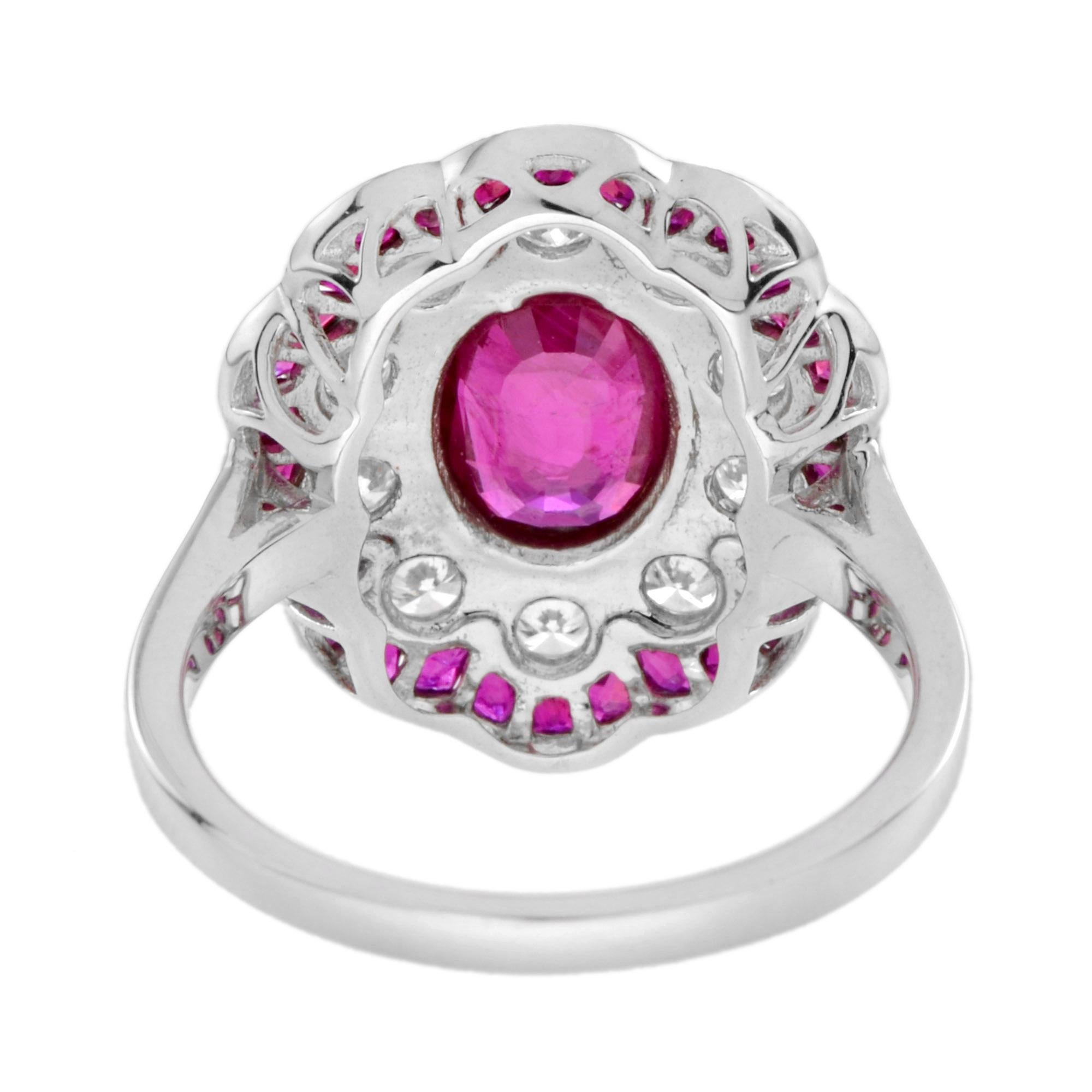 Oval Cut Certified No Heated Siamese Ruby and Diamonds Cluster Ring in 18K White Gold