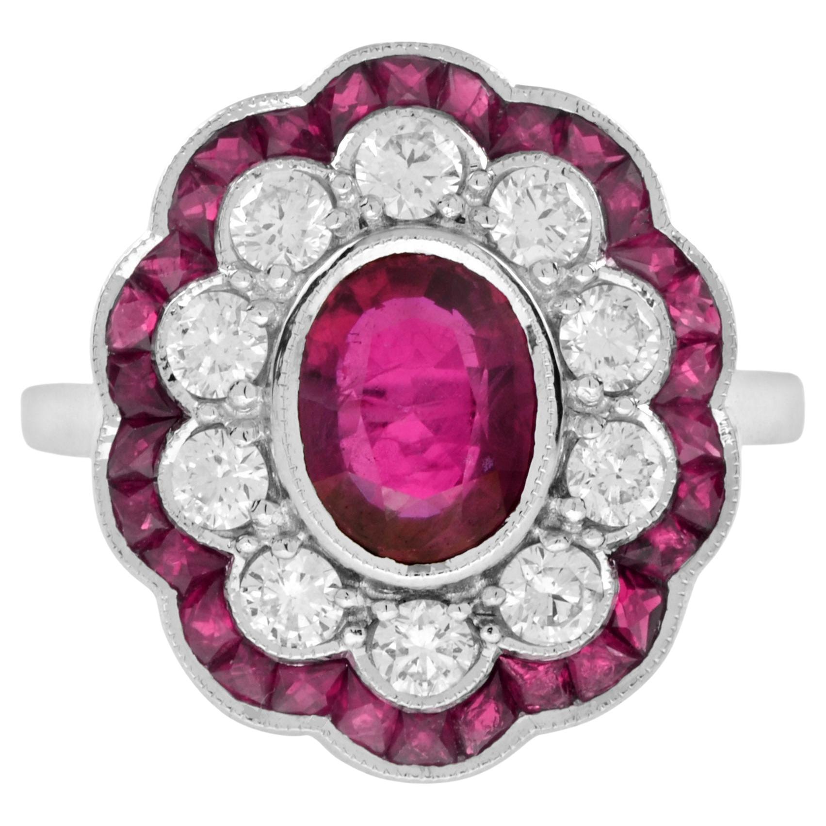 Certified No Heated Siamese Ruby and Diamonds Cluster Ring in 18K White Gold