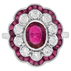 Certified No Heated Siamese Ruby and Diamonds Cluster Ring in 18K White Gold