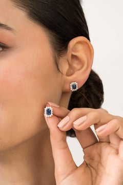 Art Deco Style 1.3ct Blue Sapphire Diamond Halo Stud Earrings in 14K Yellow Gold