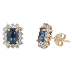 Art Deco Style 1.3ct Blue Sapphire Diamond Halo Stud Earrings in 14K Yellow Gold