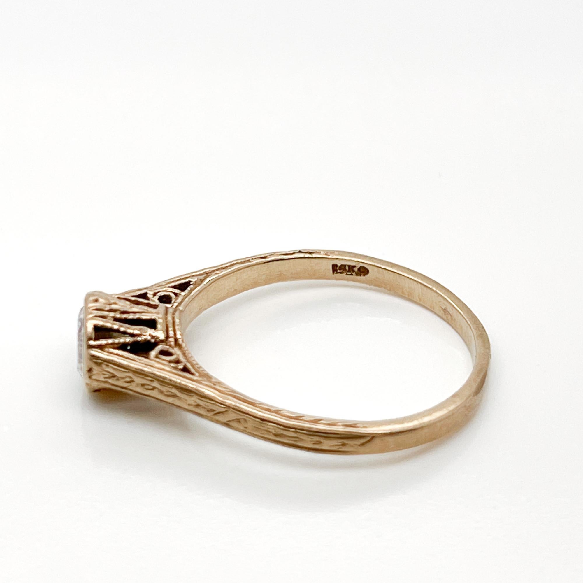 Anello solitario in oro e diamanti in stile Art Déco 14 carati in vendita 2