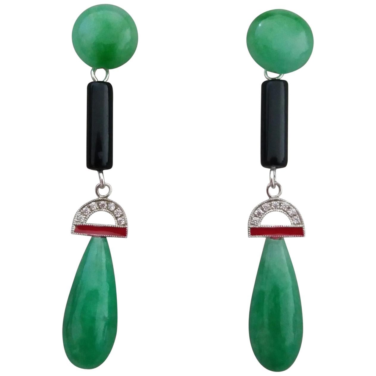 Art Deco Style 14 Karat Gold Diamonds Black Onyx Red Enamel Jade Drop Earrings im Angebot