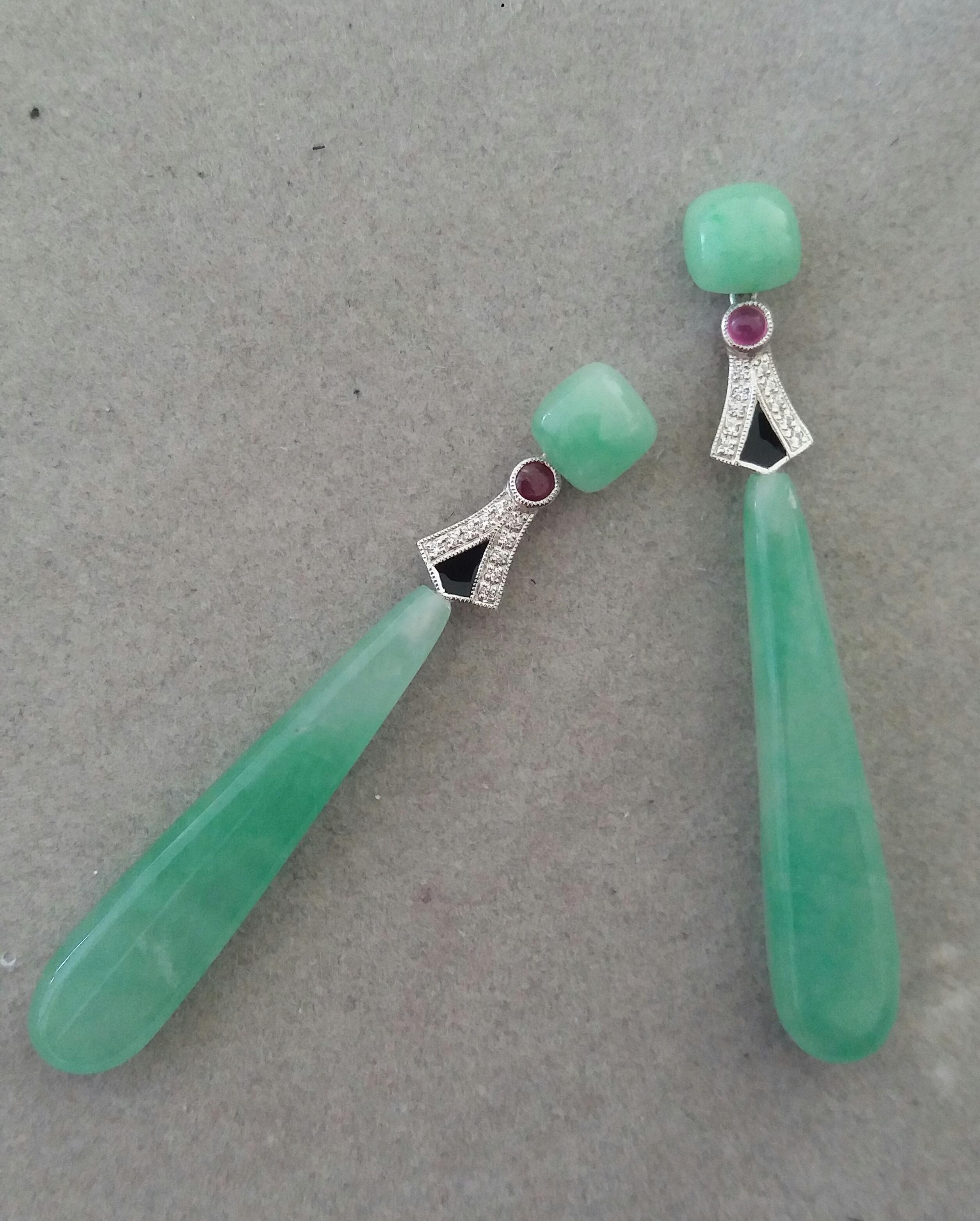 Mixed Cut Art Deco Style 14 Karat Gold Diamonds Rubies Black Enamel Jade Drop Earrings For Sale