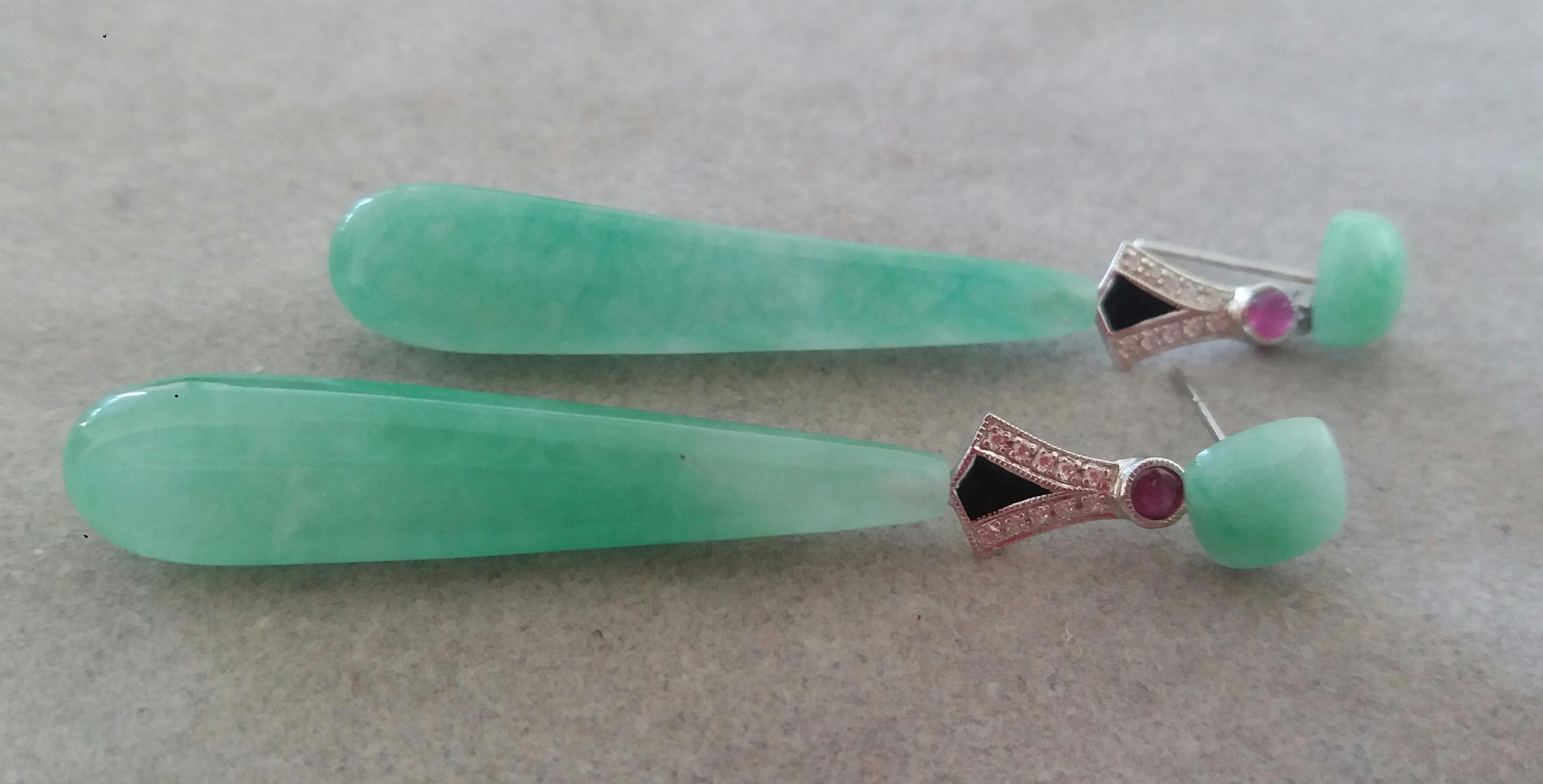 Art Deco Style 14 Karat Gold Diamonds Rubies Black Enamel Jade Drop Earrings In Good Condition For Sale In Bangkok, TH
