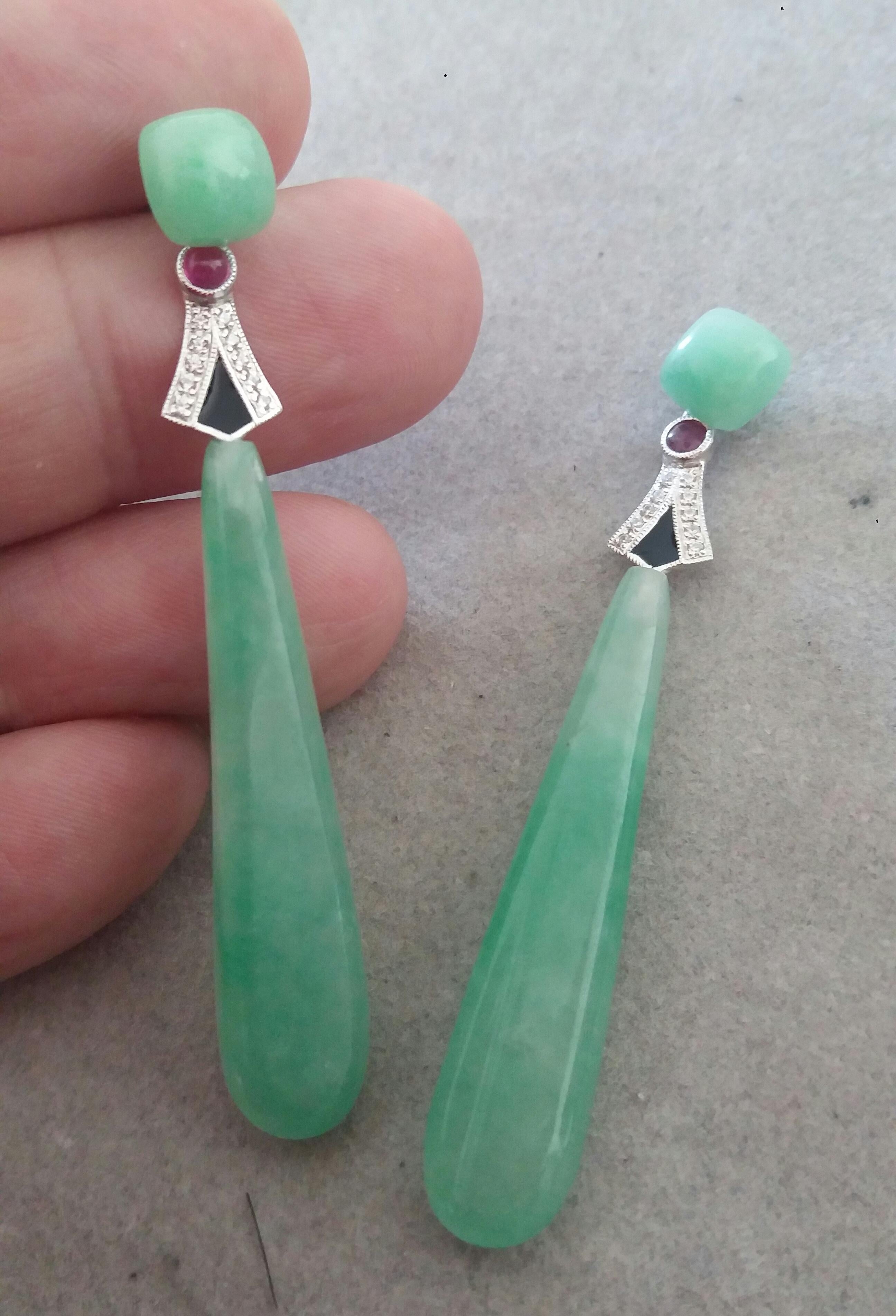 Women's Art Deco Style 14 Karat Gold Diamonds Rubies Black Enamel Jade Drop Earrings For Sale