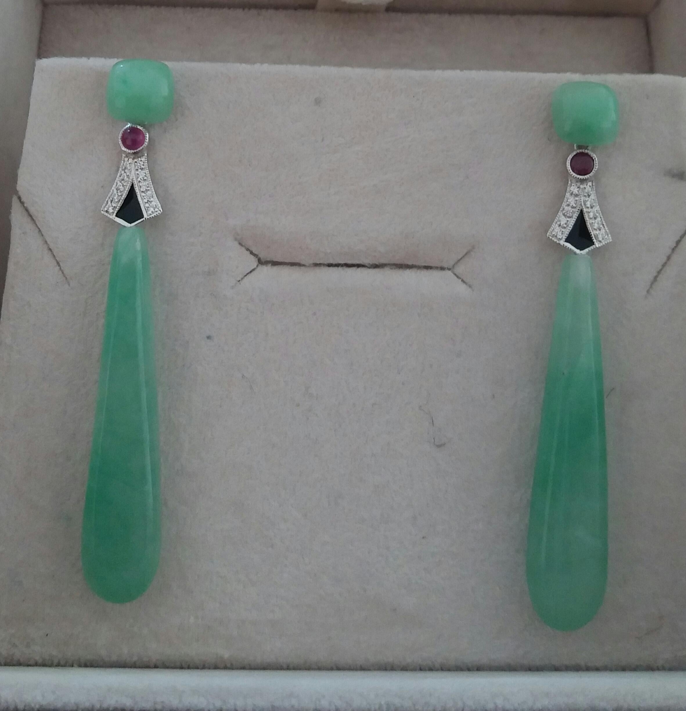 Art Deco Style 14 Karat Gold Diamonds Rubies Black Enamel Jade Drop Earrings For Sale 1